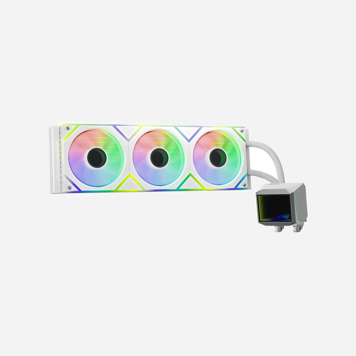 XPG LEVANTE II 360 Refroidisseur liquide AIO pour processeur, 3 ventilateurs 12cm, 800-2000 tr/min, 58 CFM, 29.33dB, sockets LGA 115x/1200/1700/AM4/AM5, radiateur aluminium 396mm, blanc - XPG LEVANTE II 360. Type: Refroidisseur de liquide tout-en-un, Diamètre du ventilateur: 12 cm, Type de roulement: Hydraulique. Couleur du produit: Blanc