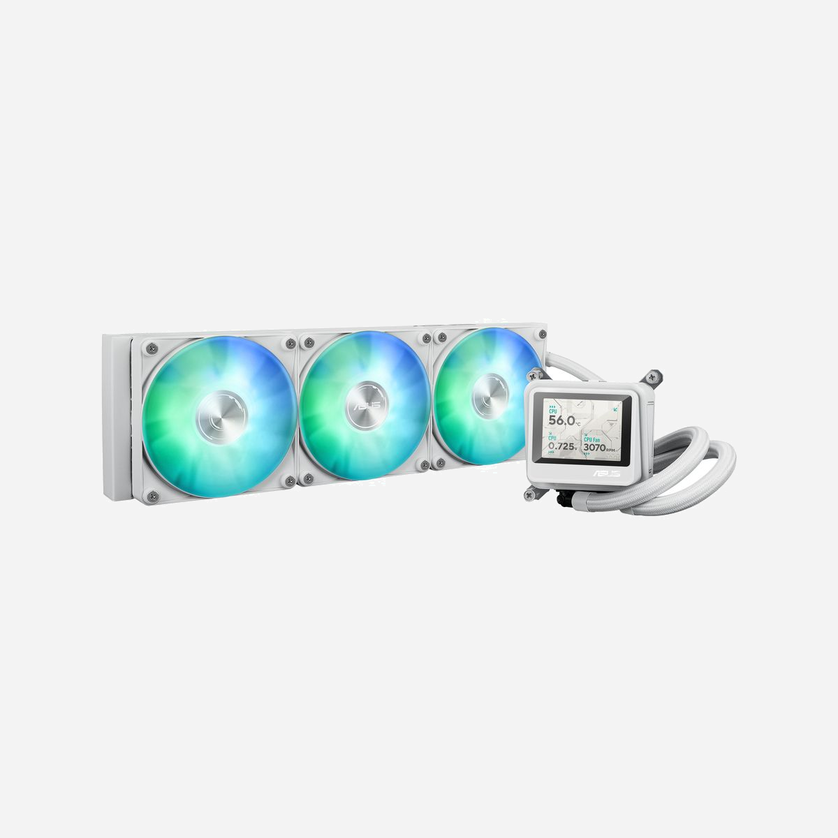 ASUS Refroidisseur liquide All-in-One MAX LC 360 ARGB LCD White Edition, radiateur 394mm, 3 ventilateurs 120mm (0-2500RPM, 70.88 CFM), sockets LGA 1700/1851, AM4/AM5 - ASUS MAX Gaming LC 360 ARGB LCD White Edition. Type: Refroidisseur de liquide tout-en-un, Diamètre du ventilateur: 12 cm. Couleur du produit: Blanc