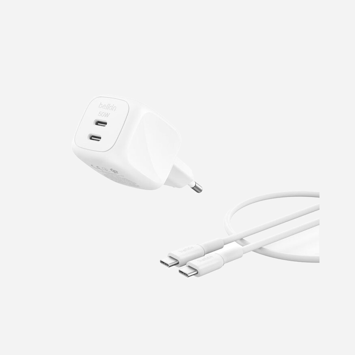 Belkin WCH019kq1MWH-B6 Chargeur Secteur Universel 50W GaN 2x USB-C Power Delivery, Protection Surtension/Surintensité, Câble 1m - Belkin WCH019kq1MWH-B6. Type de chargeur: Intérieure, Type de source d'alimentation: Secteur, Compatibilité de chargeur: Universel, Quantité de ports USB de type C: 2, Charge rapide, Dispositifs de protection électrique: Sur-courant, Surtension, Surchauffe, Court-circuit. Longueur de câble: 1 m, Couleur du produit: Blanc