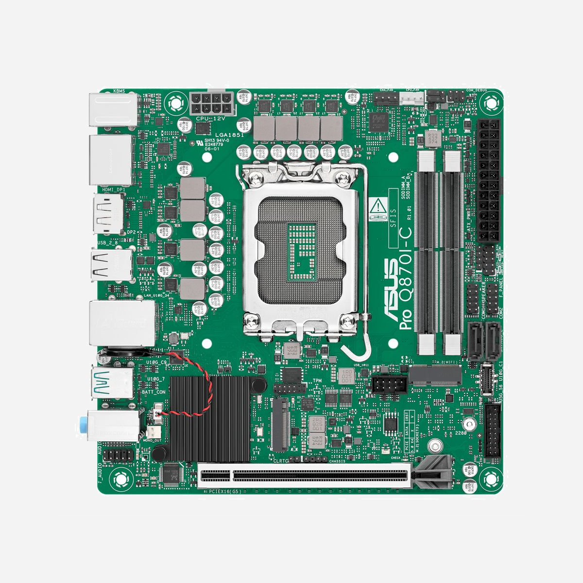ASUS PRO Q870I-C-CSM Carte mère mini ITX Intel Q870, Socket LGA 1851, DDR5 SO-DIMM 128GB max, M.2, SATA III, Gigabit Ethernet, Windows 10/11 - ASUS PRO Q870I-C-CSM. Fabricant de processeur: Intel, Socket de processeur (réceptable de processeur): LGA 1851 (Socket V1), Processeurs compatibles: Intel Core Ultra (Series 2). Types de mémoire pris en charge: DDR5-SDRAM, Mémoire interne maximale: 128 Go, Type de support (slot): SO-DIMM. Interfaces de lecteur de stockage prises en charge: M.2, SATA III, Types de lecteurs de stockage pris en charge: HDD & SSD. Type d'interface Ethernet: Fast Ethernet, Gigabit Ethernet, Contrôleur de réseau local (LAN): Intel WGI219LM. composant pour: PC, Elément de forme de carte mère: mini ITX, famille de composant de produits: Intel
