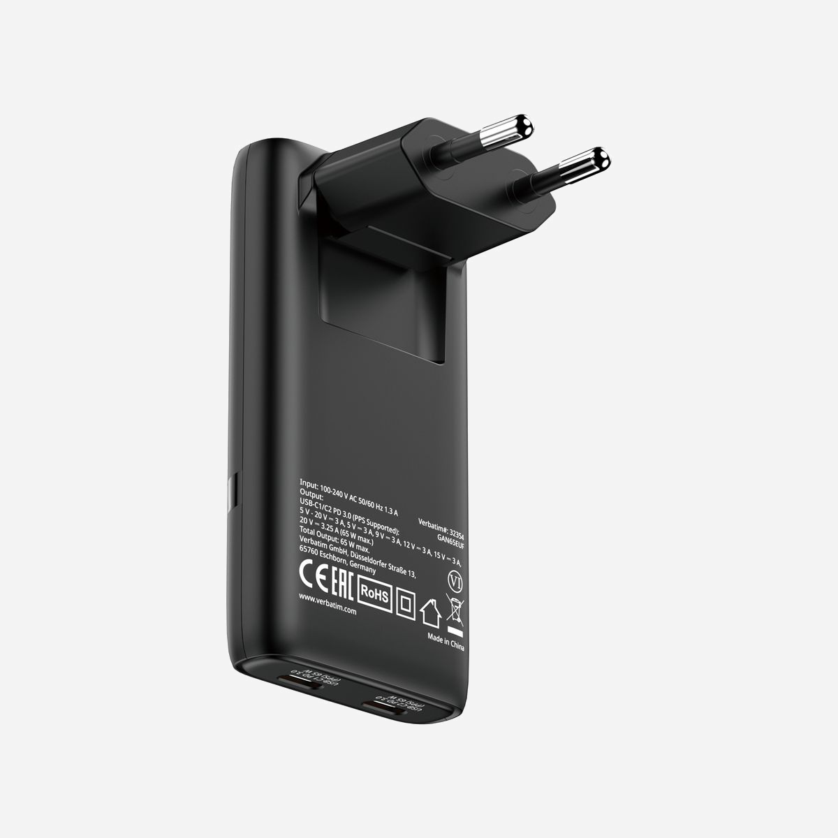 Verbatim Chargeur Secteur USB-C 65W Noir - 2 Ports USB-C Power Delivery 3.0 (5-20V, 3.25A max) GaN Compatible Ordinateur Portable/Smartphone/Tablette - Verbatim 32354. Type de chargeur: Intérieure, Type de source d'alimentation: Secteur, Compatibilité de chargeur: Ordinateur portable, Smartphone, Tablette. Tension d'entrée: 100 - 240 V, Tension de sortie (max): 20 V. Quantité de ports USB de type C: 2, Charge rapide. Couleur du produit: Noir