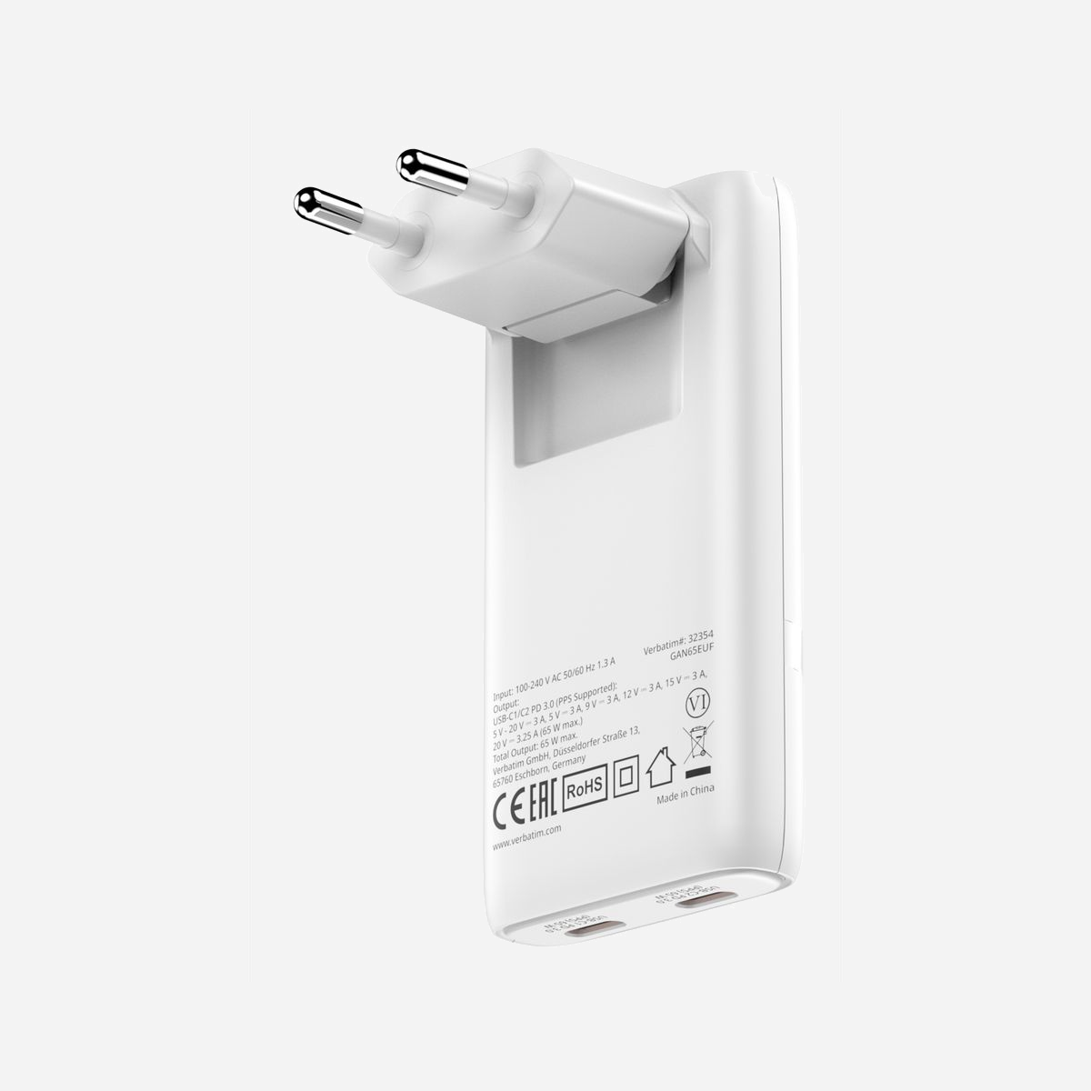 Verbatim Chargeur USB-C 65W Blanc - 2 Ports USB-C Power Delivery 3.0, PPS, GaN, 5-20V, 3.25A Max, Secteur 100-240V - Ref 32355 - Verbatim 32355. Type de chargeur: Intérieure, Type de source d'alimentation: Secteur, Compatibilité de chargeur: Ordinateur portable, Smartphone, Tablette. Tension d'entrée: 100 - 240 V, Tension de sortie (max): 20 V. Quantité de ports USB de type C: 2, Charge rapide. Couleur du produit: Blanc