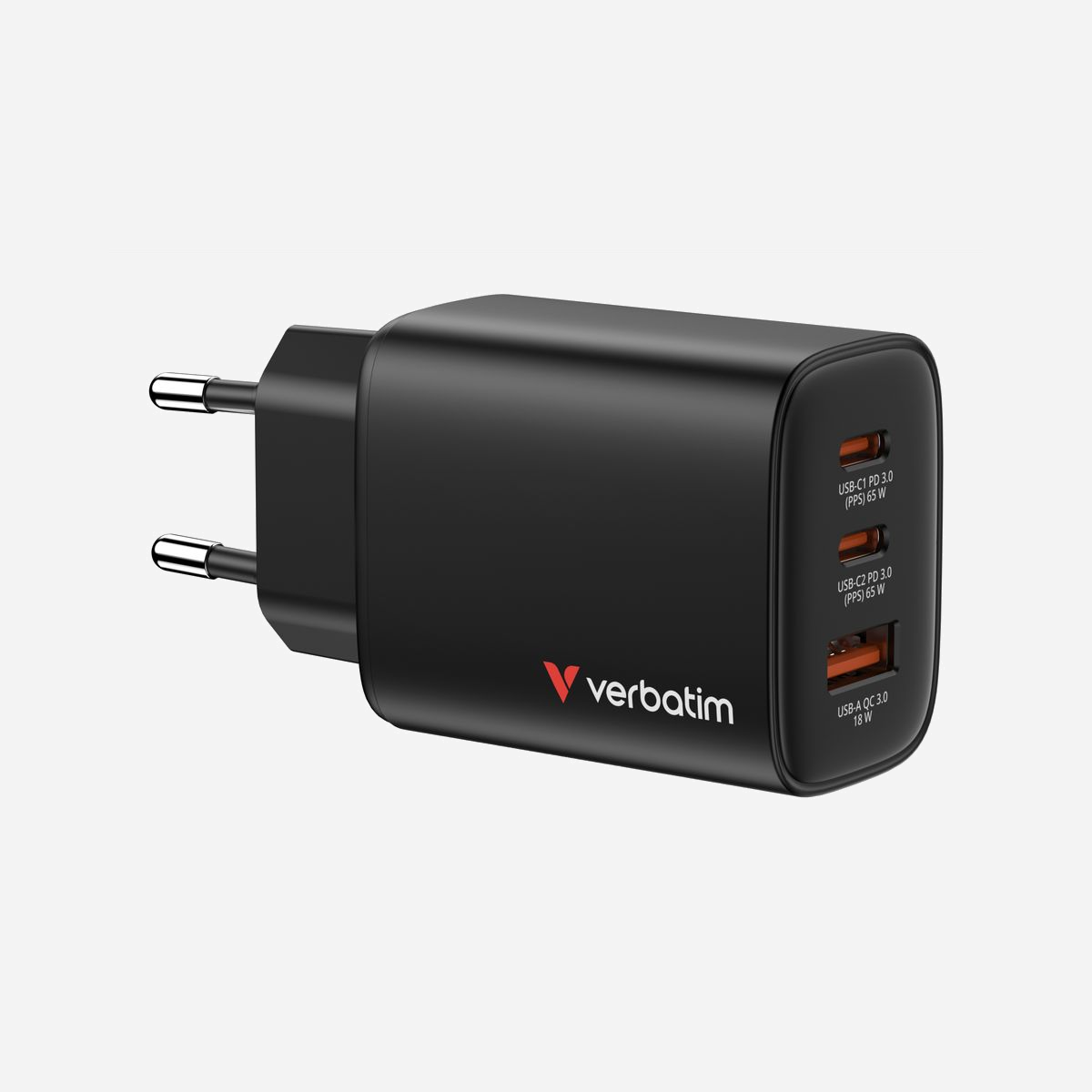 Verbatim Chargeur Secteur Universel 65W Noir (Réf. 32352) - 2x USB-C Power Delivery 3.0 & Quick Charge 3.0 + 1x USB-A 3.2 Gen 1, GaN, Protections - Verbatim 32352. Type de chargeur: Intérieure, Type de source d'alimentation: Secteur, Compatibilité de chargeur: Universel. Tension d'entrée: 100 - 240 V, Tension de sortie (max): 20 V. Quantité de ports USB de type C: 2, Charge rapide, Dispositifs de protection électrique: Sur-courant, Surtension, Surchauffe, Court-circuit. Couleur du produit: Noir