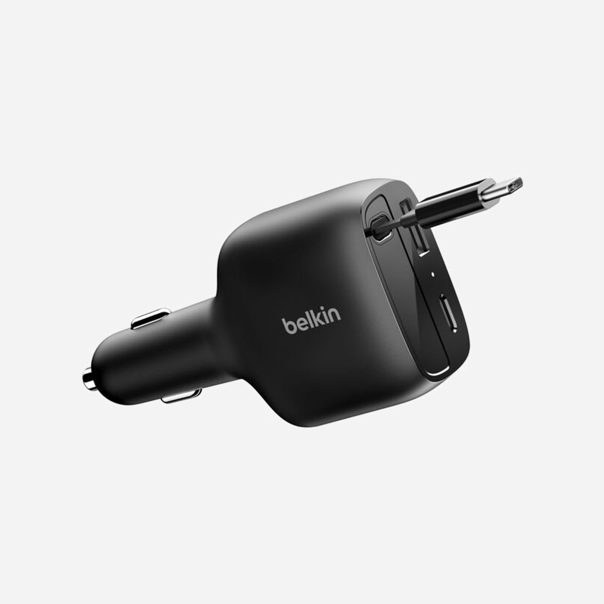 Belkin Chargeur Allume-cigare Universel 75W Noir - 1x USB-C + 1x USB-A, Câble Rétractable 0.75m, Protection Surchauffe/Sous-tension, CCC001HQBK - Doté de deux ports (USB-C + USB-A) et d'un câble USB-C rétractable, ce chargeur de voiture est idéal pour recharger vos appareils dans votre voiture. Son câble anti-enchevêtrement de 75 cm à une capacité de sortie de 60 W et peut recharger la plupart des ordinateurs portables du marché. Utilisez ce câble pour recharger trois appareils en simultané, votre iPhone ou Samsung Galaxy et deux autres appareils USB-C. Grâce à sa fonction de recharge dynamique, cet accessoire vous assure une recharge optimale, peu importe l'appareil que vous branchez dessus.<br><br><b>Composants élaborés avec minutie.</b><br>Nous avons à cœur de proposer des produits au design avant-gardiste, ce qui implique un processus de 18 mois avant le lancement des produits : étude de marché, développement de produits, et création d'un planning précis.<br><br><b>Performance inégalée.</b><br>Nous sommes fiers d'être les premiers à avoir lancé des produits USB-C en 2015. En tant que marque leader, nous avons proposé des produits intégrant des technologies innovantes comme Qi2, MagSafe, GaN, USB-C, PD, PPS, DockKit et USB4.<br><br><b>Gamme de produits sécurisés</b><br>Votre sécurité fait partie de nos priorités et c'est la raison pour laquelle nous avons mis en place plus de 239 tests de sécurité. Nous mettons tout en oeuvre pour vous garantir des produits sécurisés et fiables dotés de fonctions de protection contre la surchauffe, la surcharge, etc.
