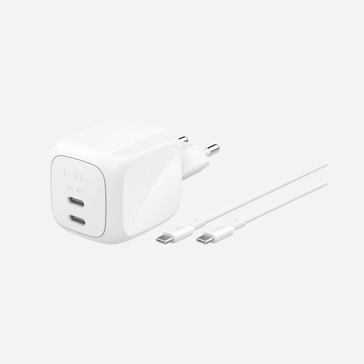 Belkin Chargeur Secteur 67W GaN Double USB-C, Charge Rapide Universelle, Câble USB-C 2m, Protections Surtension/Surchauffe, Blanc, Réf: WCH020KQ2MWH-B6 - Belkin WCH020KQ2MWH-B6. Type de chargeur: Intérieure, Type de source d'alimentation: Secteur, Compatibilité de chargeur: Universel, Quantité de ports USB de type C: 2, Charge rapide, Dispositifs de protection électrique: Sur-courant, Surtension, Surchauffe, Court-circuit. Longueur de câble: 2 m, Couleur du produit: Blanc