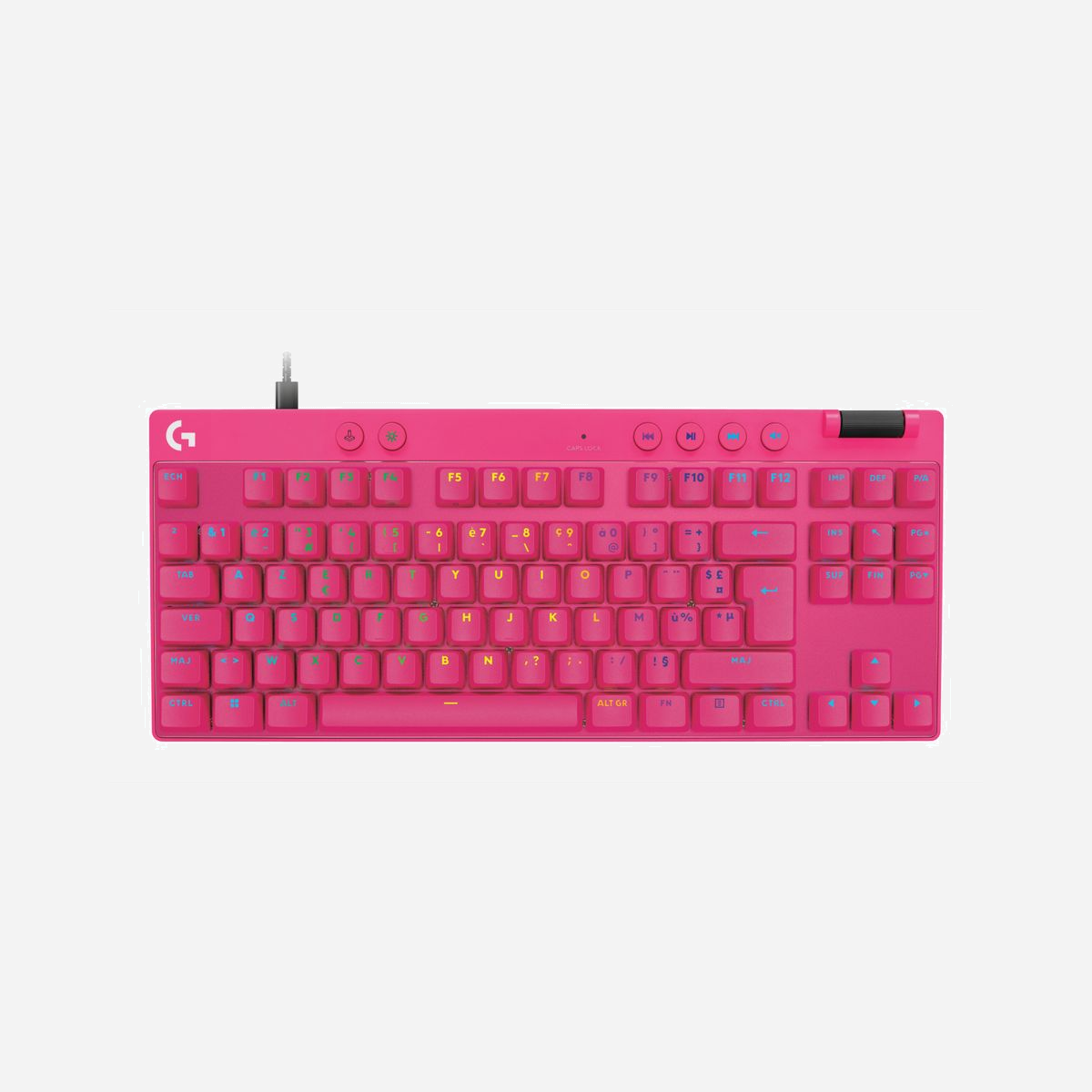 Clavier Gaming Logitech G PRO X TKL RAPID AZERTY - Interrupteurs Magnetic-Mechanical, Rétroéclairage LED Multicolore, USB, Rose, Tenkeyless, Temps de Réponse 1ms - Logitech G PRO X TKL RAPID. Facteur de forme du clavier: Sans clé (80 - 87%). Style de clavier: Droit. Technologie de connectivité: Avec fil, Interface de l'appareil: USB, Interrupteur à clé de clavier: Magnetic-mechanical key switch, Disposition des touches du clavier: AZERTY. Type de rétro: LED. Longueur de câble: 1,8 m. Utilisation recommandée: Gaming. Couleur du produit: Rose