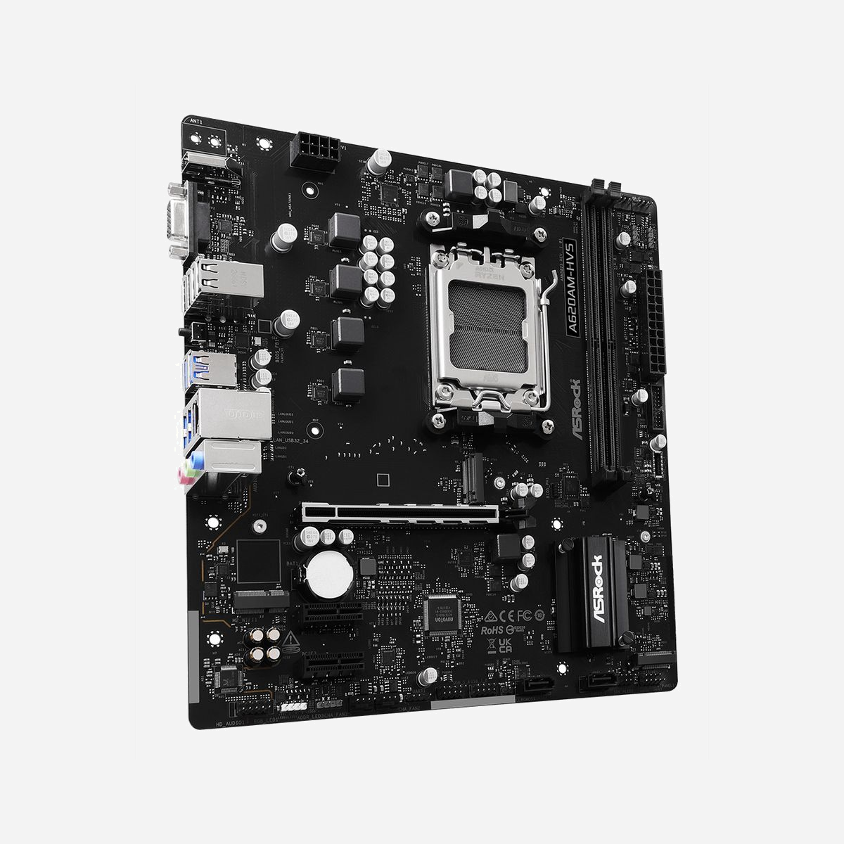 Asrock A620AM-HVS : Carte mère micro ATX AMD A620A Socket AM5 Ryzen 7000/8000/9000 DDR5-SDRAM 128Go max, PCIe 4.0, SATA III, RAID 0/1/10 - Asrock A620AM-HVS. Fabricant de processeur: AMD, Socket de processeur (réceptable de processeur): Emplacement AM5, Processeurs compatibles: AMD Ryzen 7000 Series, AMD Ryzen 8000 Series, AMD Ryzen 9000 Series. Types de mémoire pris en charge: DDR5-SDRAM, Mémoire interne maximale: 128 Go, Type de support (slot): DIMM. Interfaces de lecteur de stockage prises en charge: PCI Express 3.0, PCI Express 4.0, SATA III, Types de lecteurs de stockage pris en charge: HDD & SSD, Niveaux RAID: 0, 1, 10. Résolution maximale: 3840 x 2160 pixels. Connecteur USB: USB Type-A