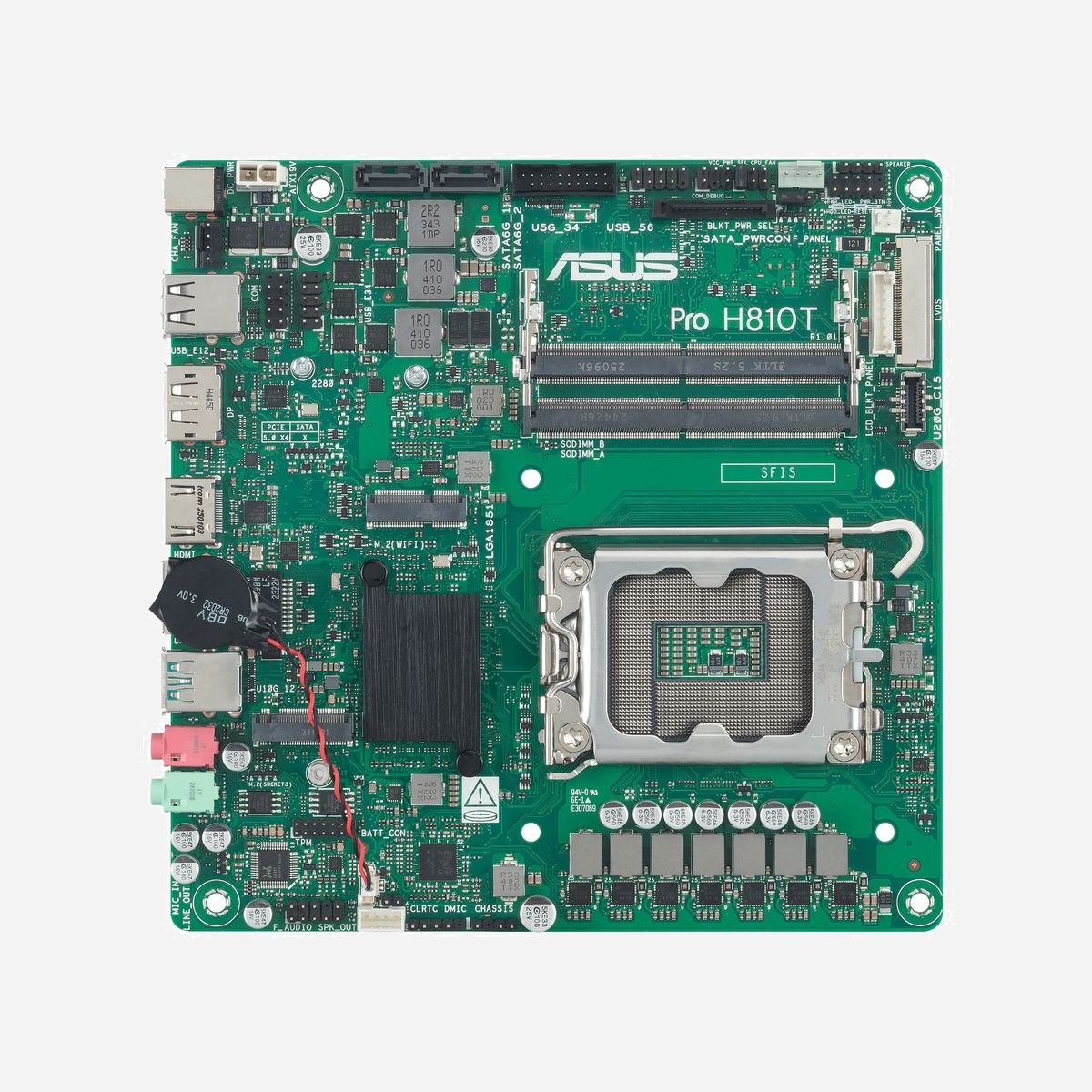ASUS Pro H810T-CSM : Carte mère mini ITX Intel H810 LGA 1851 (Socket V1), DDR5 SO-DIMM 128Go max, M.2, SATA III, Gigabit Ethernet, Windows 11/10 - ASUS Pro H810T-CSM. Fabricant de processeur: Intel, Socket de processeur (réceptable de processeur): LGA 1851 (Socket V1), Processeurs compatibles: Intel Core Ultra (Series 2). Types de mémoire pris en charge: DDR5-SDRAM, Mémoire interne maximale: 128 Go, Type de support (slot): SO-DIMM. Interfaces de lecteur de stockage prises en charge: M.2, SATA III, Types de lecteurs de stockage pris en charge: HDD & SSD. Type d'interface Ethernet: Gigabit Ethernet. composant pour: PC, Elément de forme de carte mère: mini ITX, famille de composant de produits: Intel