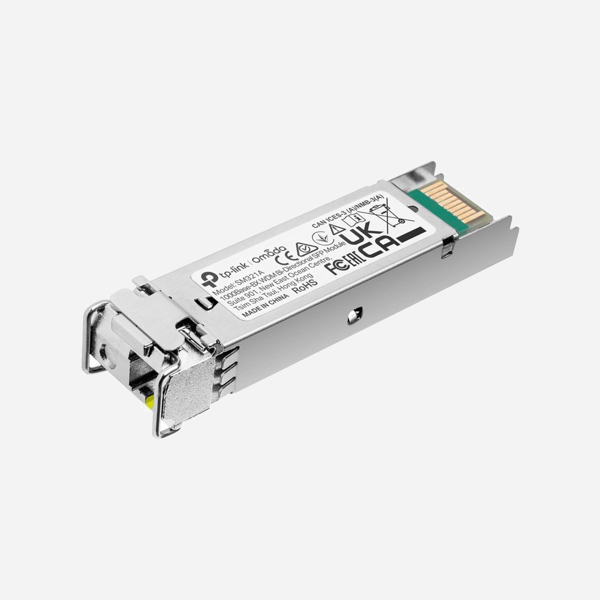 TP-Link Omada SM321A Module SFP Fibre Optique 1250 Mbit/s, Monomode 9/125µm, Distance 20km, 1310/1550nm, DDM, 0-70°C, Certifié FCC/CE - TP-Link Omada SM321A. Type d'émetteur-récepteur SFP: Fibre optique, Débit de transfert des données maximum: 1250 Mbit/s, Type d'interface: SFP. Couleur du produit: Argent. Tension d'entrée: 3.3 V. Certification: FCC, CE. Largeur: 55,4 mm, Profondeur: 14,6 mm, Hauteur: 12,9 mm