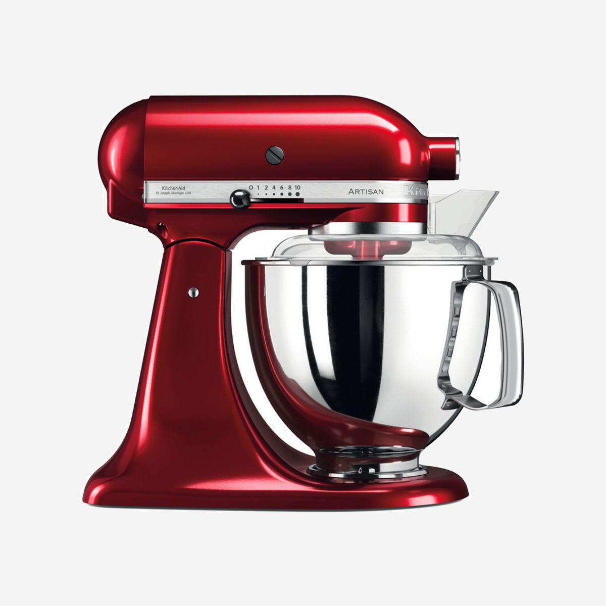 KitchenAid Artisan Robot Mixer 300W Rouge Candy Apple, Bol 4.8L Inox, 10 Vitesses, Batteur/Pétrin/Mélange, AC 220-240V, Zinc/Inox, 240x370x360mm - KitchenAid Artisan. Type: Robot mixer, Couleur du produit: Rouge, Fonctions de mixage: Batteur, Pétrisseur, Mélange. Matériau du boîtier/corps: Zinc, Matériel du bol: Acier inoxydable. Puissance: 300 W, Tension d'entrée AC: 220 - 240 V, Fréquence d'entrée AC: 50 - 60 Hz. Largeur: 240 mm, Profondeur: 370 mm, Hauteur: 360 mm. Largeur du colis: 406 mm, Profondeur du colis: 273 mm, Hauteur du colis: 413 mm