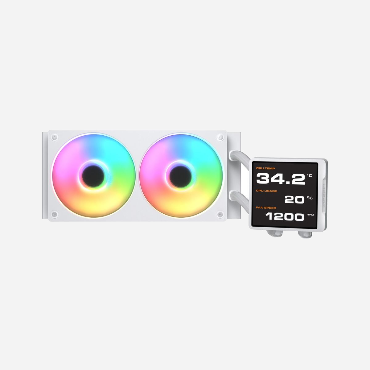 COUGAR Refroidisseur liquide All-in-One CGR-PSDVPRGB-W-240 Blanc, 2 ventilateurs 12cm 700-2500 RPM, sockets Intel/AMD, radiateur aluminium 272mm, éclairage RGB - COUGAR CGR-PSDVPRGB-W-240. Type: Refroidisseur de liquide tout-en-un, Diamètre du ventilateur: 12 cm, Vitesse de rotation (min): 700 tr/min, Vitesse de rotation (max): 2500 tr/min, Pression d'air maximale: 5,4 mmH2O. Couleur du produit: Blanc