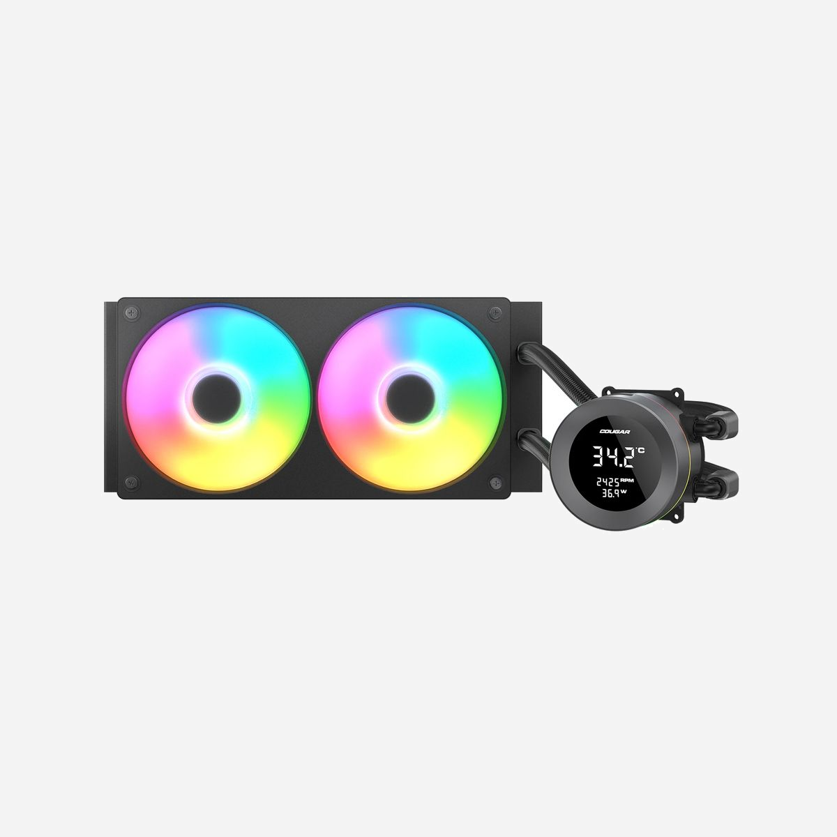 COUGAR CGR-PSDVARGB-B-240 Refroidisseur liquide All-in-One pour processeur, radiateur 272mm, 2x120mm PWM 700-2500RPM, sockets Intel/AMD, Noir - COUGAR CGR-PSDVARGB-B-240. Type: Refroidisseur de liquide tout-en-un, Diamètre du ventilateur: 12 cm, Vitesse de rotation (min): 700 tr/min, Vitesse de rotation (max): 2500 tr/min, Pression d'air maximale: 5,4 mmH2O. Couleur du produit: Noir