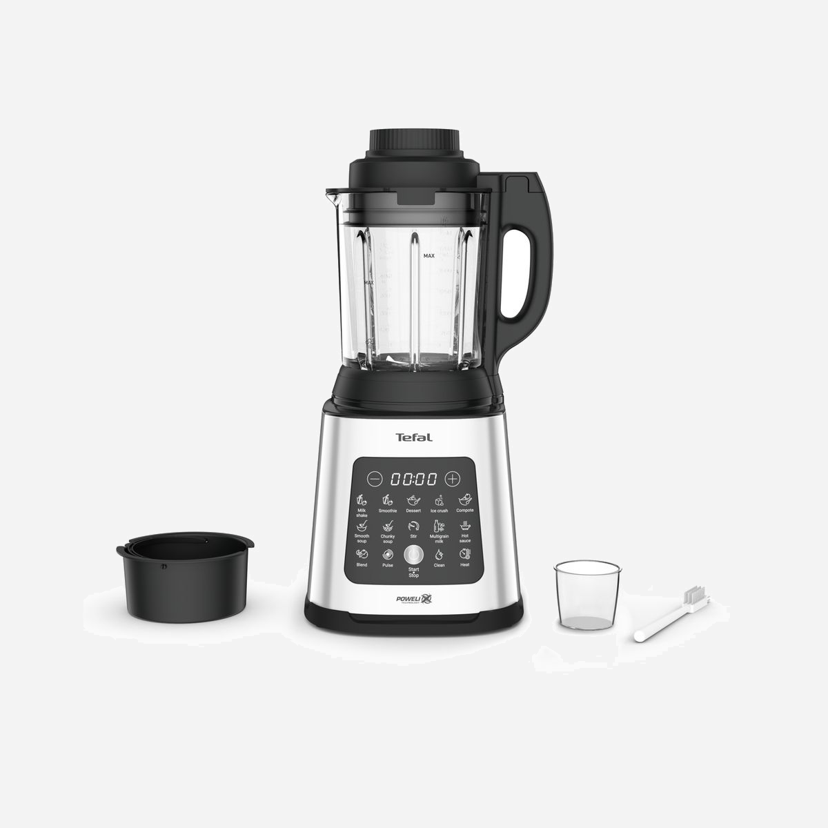 Tefal Perfectmix Cook BL83SD30 Mélangeur Table 1400W Noir/Inox, Bol Verre 1.75L (Max 2L), Technologie Powelix, 6 Vitesses, 10 Programmes, Écran Tactile - Tefal Perfectmix Cook BL83SD. Type: Mélangeur de table, Couleur du produit: Noir, Acier inoxydable, Technologie: Powelix. Capacité du bol: 1,75 L, Type de commande: Tactile, Capacité maximale du bol: 2 L. Matériau du bol de mélange: Verre. Puissance: 1400 W, Source d'alimentation: Secteur. Largeur: 212 mm, Profondeur: 239 mm, Hauteur: 456 mm