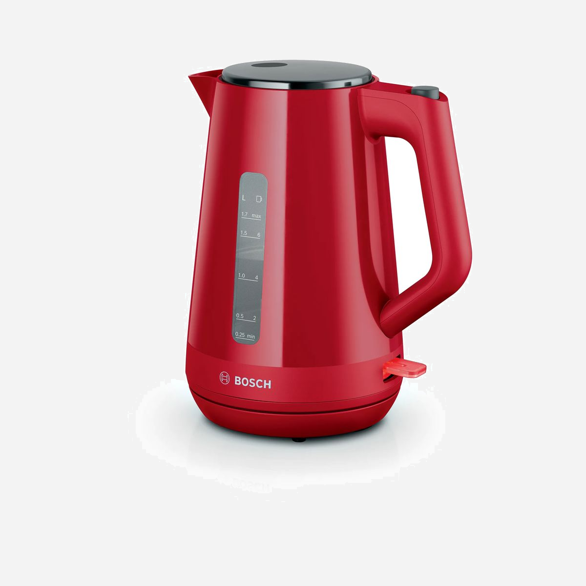 Bouilloire Bosch MyMoment TWK1M124 Rouge, 1.7L, 2400W, Corps en Plastique, Filtre Anti-Calcaire Amovible, Arrêt Automatique, Base 360°, 220-240V - <b>Le couvercle s'ouvre avec un simple bouton.<br></b>Remplir la bouilloire d'eau doit être le plus simple possible. La bouilloire s'ouvre en appuyant sur le bouton positionné au centre du couvercle.<br><br><b>Gagnez du temps et de l'énergie.<br></b>Désormais, vous pouvez chauffer la quantité d'eau précise que vous souhaitez grâce à l'indicateur de tasse, facile à lire. Il vous permet d'économiser de l'énergie en ne faisant bouillir que la quantité d'eau dont vous avez besoin.<br><br><b>Filtre amovible contre le calcaire.<br></b>Le calcaire peut affecter le goût de votre thé. Grâce au filtre amovible, aucun morceau de calcaire ne pénètre dans l'eau. Étant donné que le filtre est particulièrement facile à retirer et à nettoyer, il contribue à assurer le fonctionnement complet de votre bouilloire.<br><br><b>Niveau d'eau visible des deux côtés : pratique pour les droitiers et les gauchers.<br></b>Profitez du confort de remplir la bouilloire avec exactement la quantité d'eau dont vous avez besoin. La graduation du niveau d'eau facile à lire est visible des deux côtés de la bouilloire. Idéal pour les gauchers et les droitiers.<br><br><b>Arrêt automatique : triple sécurité.<br></b>La bouilloire s'éteint automatiquement dès que l'eau bout ou lorsque la température sélectionnée est atteinte. Le triple système de sécurité protège contre la surchauffe et l'ébullition à sec et éteint automatiquement la bouilloire lorsqu'elle est soulevée de la base.<br><br><b>Pratique à utiliser et facile à nettoyer.<br></b>Il suffit d'appuyer sur un bouton pour ouvrir le couvercle. La bouilloire peut être nettoyée très facilement et rapidement grâce à sa grande ouverture.<br><br><b>Une hygiène parfaite et un entretien facile<br></b>Vous voulez nettoyer facilement votre bouilloire ? La résistance de cette bouilloire est couverte, ce qui facilite grandement le nettoyage. De plus, le calcaire ne se fixe plus directement sur celle-ci, assurant ainsi une meilleure durée de vie !<br><br><b>Adaptez votre espace avec la longueur de câble ajustable<br></b>Les câbles qui traînent prennent de la place. Grâce au rangement du cordon sous la base de la bouilloire, le câble peut être ajusté à la longueur souhaitée entre le produit et la prise. De plus, le câble peut être entièrement rangé dans le socle, ce qui permet de ranger la bouilloire dans l'armoire.<br><br><b>Orientez votre bouilloire dans toutes les directions.<br></b>L'utilisation n'a jamais été aussi facile. La bouilloire fonctionne quelle que soit son orientation sur la base. Le socle à 360 degrés permet plus de flexibilité et une position confortable de la poignée. Comme le cordon est connecté à la base, la bouilloire peut être transportée partout où vous en avez besoin.