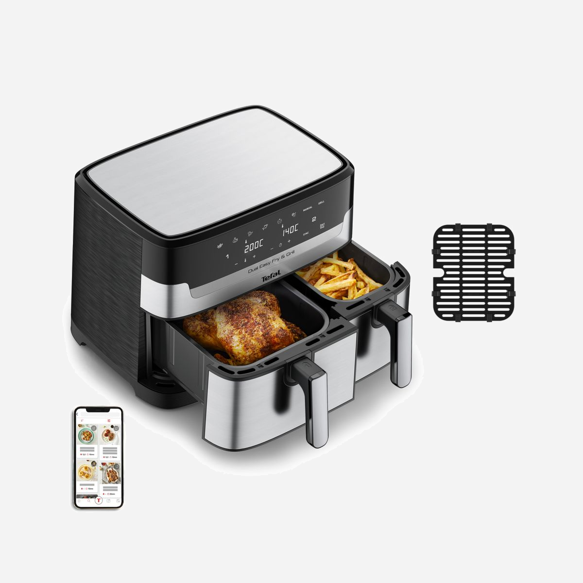 Tefal Dual Easy Fry & Grill EY905D10, Friteuse Air Chaud Double 8.3L, 2700W, Ecran LCD, 8 programmes, Inox, 402x418x305mm - Tefal Dual Easy Fry & Grill EY905D. Type de produit: Friteuse d’air chaud, Capacité: 8,3 L. Type de construction: Double, Couleur du produit: Acier inoxydable, Type de commande: Tactile. Type d'écran: LCD. Puissance: 2700 W. Largeur: 402 mm, Profondeur: 418 mm, Hauteur: 305 mm