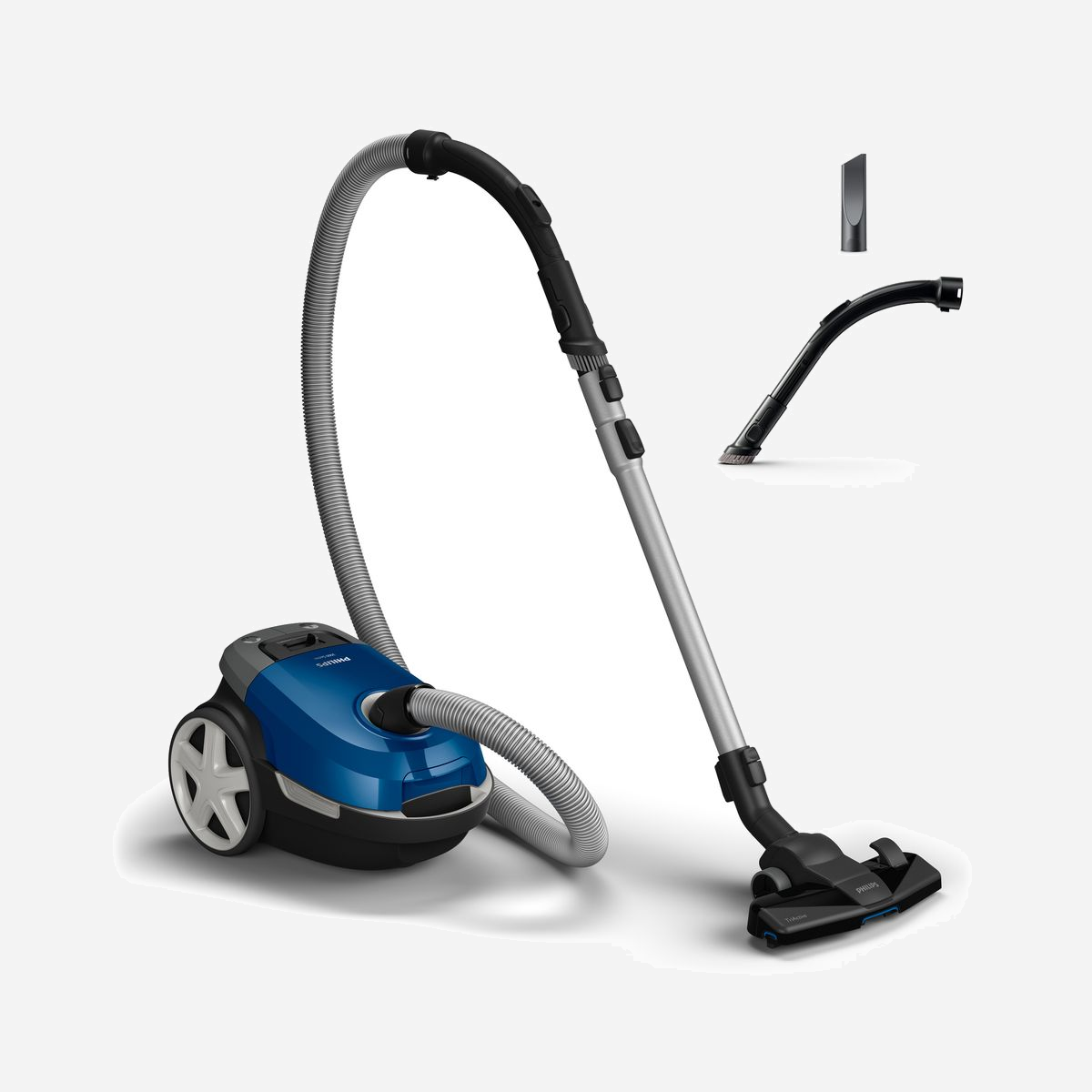 Aspirateur Traîneau Philips Série 3000 XD3110/09, 900W, Sac 3L, Filtre HEPA, Tube Télescopique Métal, Rayon 9m, Niveau Sonore 79dB, Bleu Royal - <b>Avec un design compact et léger</b><br><br><br><b>Aspire et piège 99,9 %* de la poussière et des allergènes</b><br>Avec le nouvel aspirateur Philips Performer Compact, le design compact s'associe à d'excellentes performances. Bénéficiez d'un nettoyage impeccable dans toute la maison grâce à la technologie AirflowMax et à notre brosse TriActive offrant 3 actions de nettoyage.
