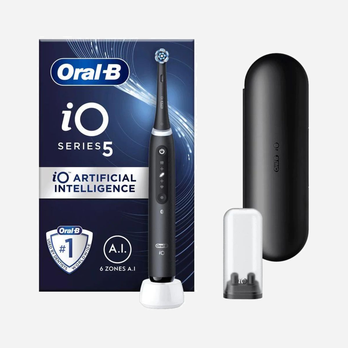 Oral-B IOSERIES5BL Brosse à Dents Électrique Vibrante Adulte Noir - 5 Modes (Soin Quotidien, Sensible, Blanchiment, Super Sensitive) - Batterie Intégrée, Capteur de Pression - Oral-B IOSERIES5BL. Utilité: Adulte, Type de brosse à dents: Brosse à dents vibrante, Modes de brossage de dents: Soin quotidien, Sensible, Super sensitive, Blanchiment. Source d'alimentation: Batterie, Type de batterie: Batterie intégré. Nombre de poignées fournis: 1 pièce(s)