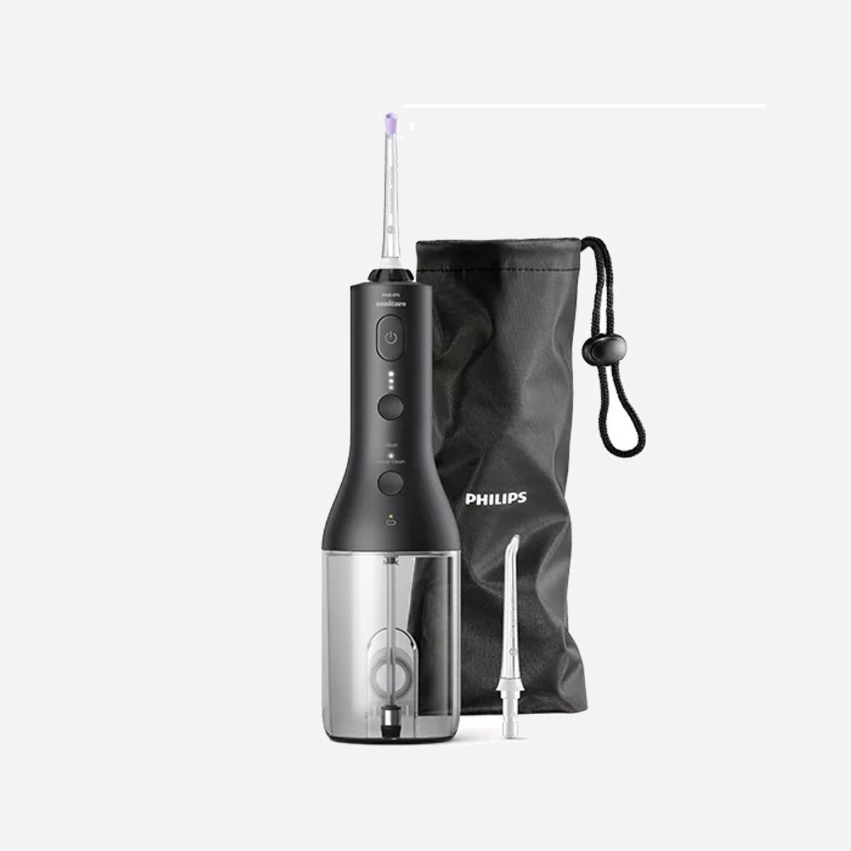 Philips Jet Dentaire Sonicare HX3826/33 Noir - Hydropulseur sans Fil Quad Stream, Réservoir 0.25L, 3 Niveaux, 2 Embouts, Batterie Rechargeable - <b>La technologie Quad Stream réinvente le nettoyage interdentaire</b><br/> Élimine jusqu'à 99,9 % de la plaque dentaire* dans les zones nettoyées<br/> Un nettoyage précis et sans effort entre les dents pour améliorer la santé de vos gencives. La canule Quad Stream unique couvre davantage de surface plus facilement, pour un nettoyage interdentaire des plus efficaces à chaque utilisation.