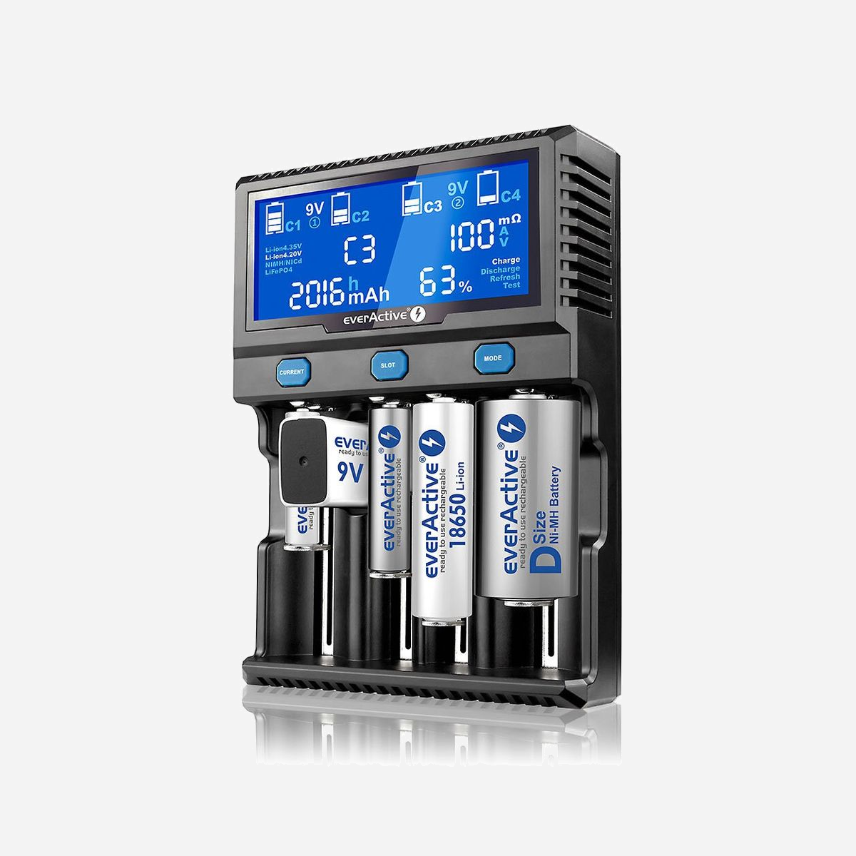 Everactive UC-4200 Chargeur Secteur Universel 12V 3A pour Batteries Li-Ion/LiPo/LiFePO4/NiMH (9V, AA, AAA, C, SC) avec Écran et Adaptateur - Everactive UC-4200. Convient pour: Universel, Type de source d'alimentation: Secteur, Technologies de batteries compatibles: Phosphate de fer lithié (LiFePo4), Lithium Polymère (LiPo), Lithium-Ion (Li-Ion), Hybrides.... Couleur du produit: Noir. Tension de charge: 12 V, Courant de charge: 3 A. Longueur de câble: 0,5 m. Quantité: 1 pièce(s)