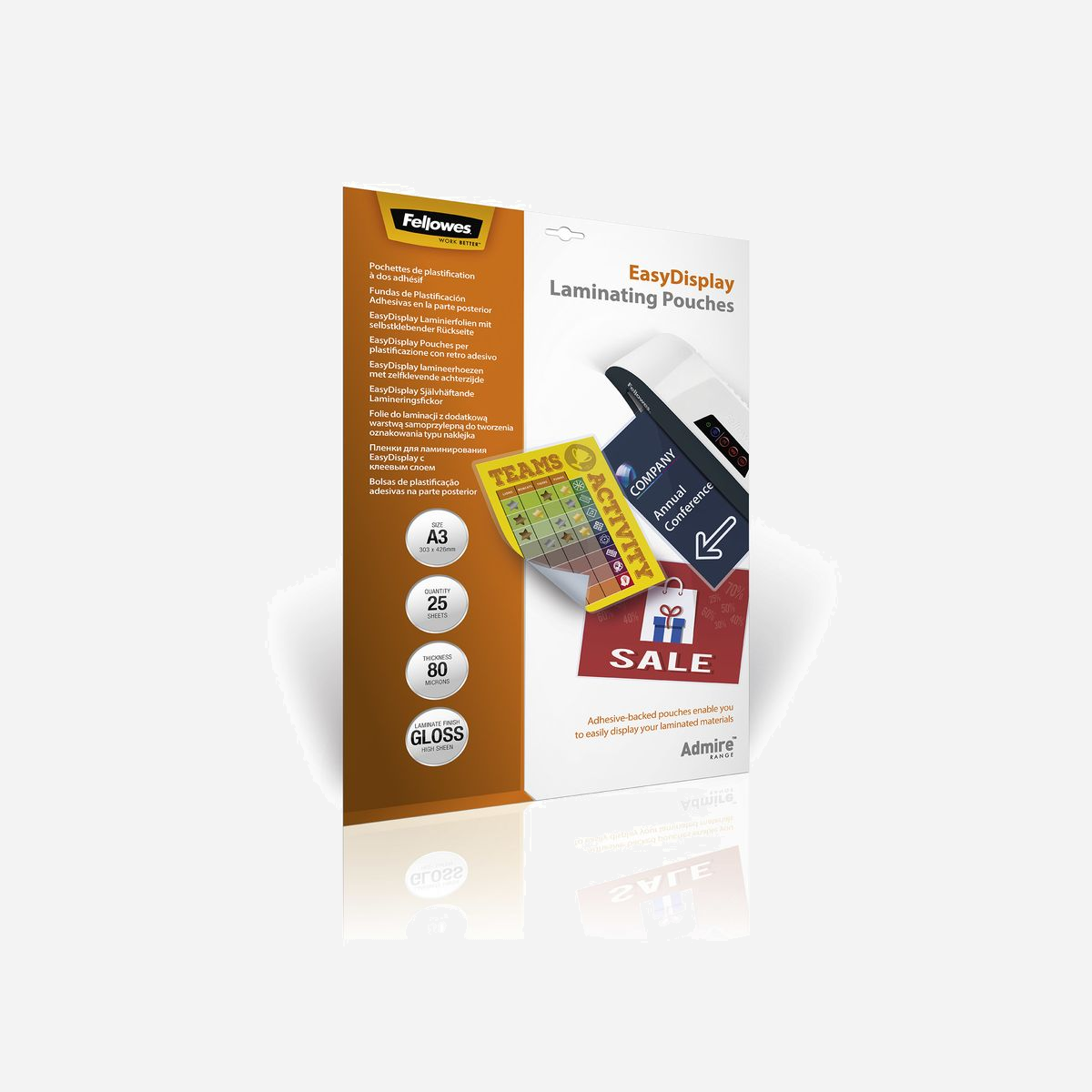 Pochettes de Plastification Fellowes 5601803 A3, PET Brillant, 303x426mm, Épaisseur 80µm, Auto-Adhésives, Pack de 25 - Fellowes 5601803. Matériel: Polyéthylène téréphthalate (PET), Finition de surface: Brillant, Format: A3. Largeur: 303 mm, Profondeur: 0,2 mm, Hauteur: 426 mm. Produit par casier principal (externe): 5 pièce(s). Largeur du colis: 325 mm, Profondeur du colis: 6 mm, Hauteur du colis: 475 mm