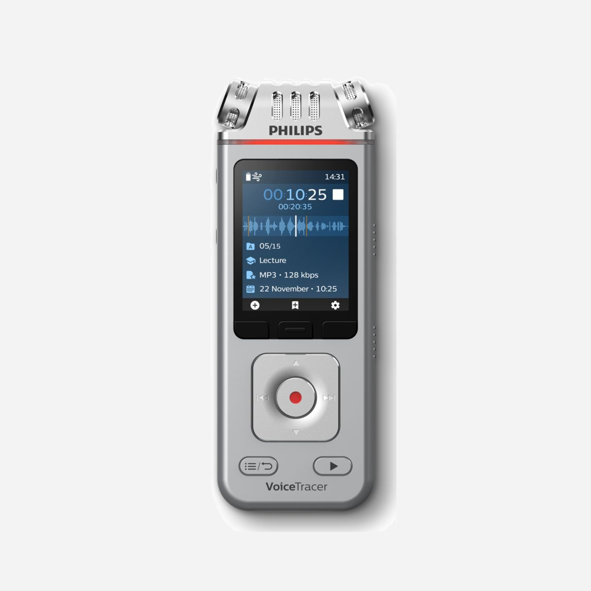 Philips DVT4115 Enregistreur Vocal Numérique : LCD 2", 8Go, MP3/WAV, Micro SD, USB-C, Batterie Li-Po 1000mAh, 36h, Compatible Windows/macOS/Linux/Android - Philips DVT4115 Digital Voice Tracer. Temps d'enregistrement maximal: 36 h, Mode d'enregistrement: Stereo (ST), Formats audio pris en charge: MP3, WAV. Type d'écran: LCD, Résolution de l'écran: 240 x 320 pixels, Taille de l'écran: 5,08 cm (2"). Énergie de sortie: 200 mW. Interface: USB, Connecteur USB: USB Type-C. Technologie batterie: Lithium Polymère (LiPo), Enregistrement de la durée de vie de la batterie: 36 h, Capacité de la batterie: 1000 mAh