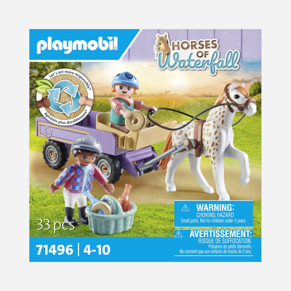 Playmobil Horses of Waterfall 71496 : Calèche et Poney, 2 Figurines Enfants, Accessoires (Plastique, 8-10 ans), +80% Matériaux Recyclés/Biosourcés - Montez dans l'adorable calèche PLAYMOBIL et rejoignez les enfants dans leur sortie.<br>Les deux passionnés de poneys profitent du beau temps et partent en balade avec leur poney préféré. <br>Pour se rafraîchir, ils ont un panier pique-nique avec de délicieux beignets et des boissons fraîches.<br>Ce set comprend deux personnages d'enfants, un poney, une calèche, des casques, un panier de pique-nique et d'autres accessoires.<br>Les personnages d'enfants peuvent monter les poneys sans selle.<br>La nouvelle gamme Horses of Waterfall est fabriquée avec plus de 80% de matériaux recyclés ou biosourcés en moyenne.