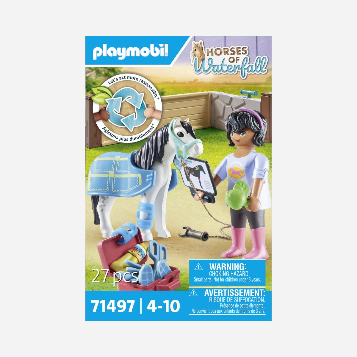 Playmobil Horses of Waterfall 71497 : Thérapeute et cheval, figurine PLAYMOBIL, poney, accessoires (7-10 ans, plastique, 24 pièces) - Prenez soin des poneys du Ranch Horses of Waterfall avec le thérapeute pour chevaux de PLAYMOBIL.<br>Le thérapeute animalier examine attentivement le cheval pour découvrir ce qui ne va pas.<br>Le poney semble être blessé. <br>Le thérapeute applique un bandage et apaise l'animal avec de légers mouvements.<br>Ce set comprend un personnage PLAYMOBIL, un poney, une couverture pour cheval, des bandages et de nombreux autres accessoires.<br>Comprend une feuille d'étiquettes avec des bandes pour traiter les chevaux.<br>La nouvelle gamme Horses of Waterfall est fabriquée avec plus de 80% de matériaux recyclés ou biosourcés en moyenne.