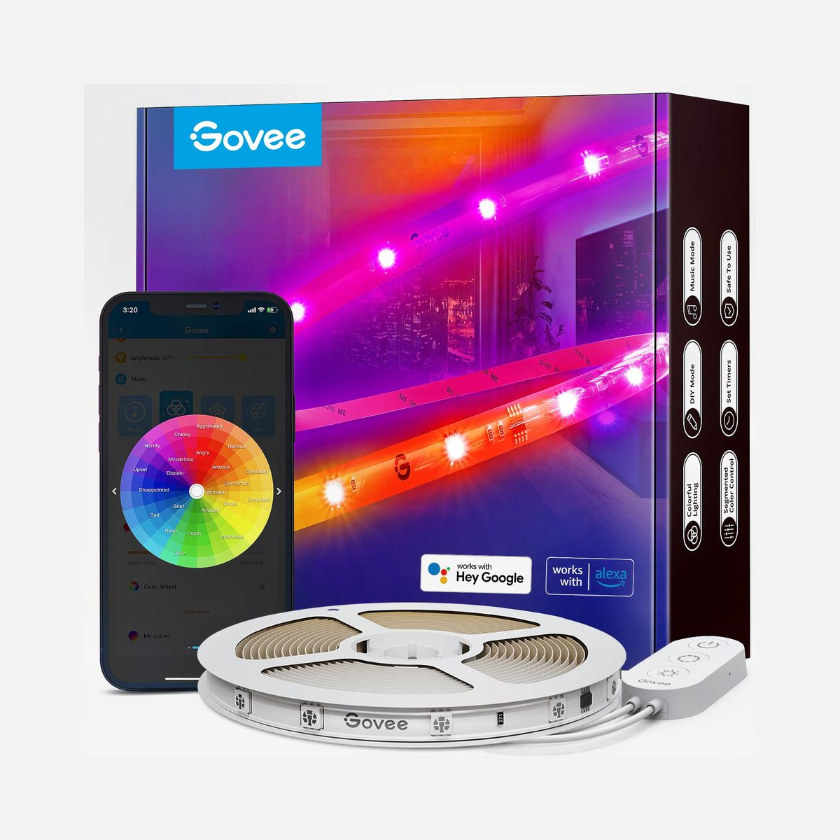 Govee H619A3D1-OF-EU Bande LED RGBIC 5m Wi-Fi/Bluetooth 2.4GHz, Compatible Alexa/Google Assistant, 24V, Multi-couleur, Normes 802.11b/g/n - Govee RGBIC Wi-Fi + Bluetooth LED Strip Lights With Protective Coating. Type: Eclairage intelligent par bande, Interface: Wi-Fi/Bluetooth, Couleur du produit: Blanc. Classe d'efficacité énergétique: A, Type de source d'alimentation: Secteur, Tension d'entrée: 24 V. Longueur de la corde lumineuse: 5 m. Type d'emballage: Boîte. Quantité: 1 pièce(s)