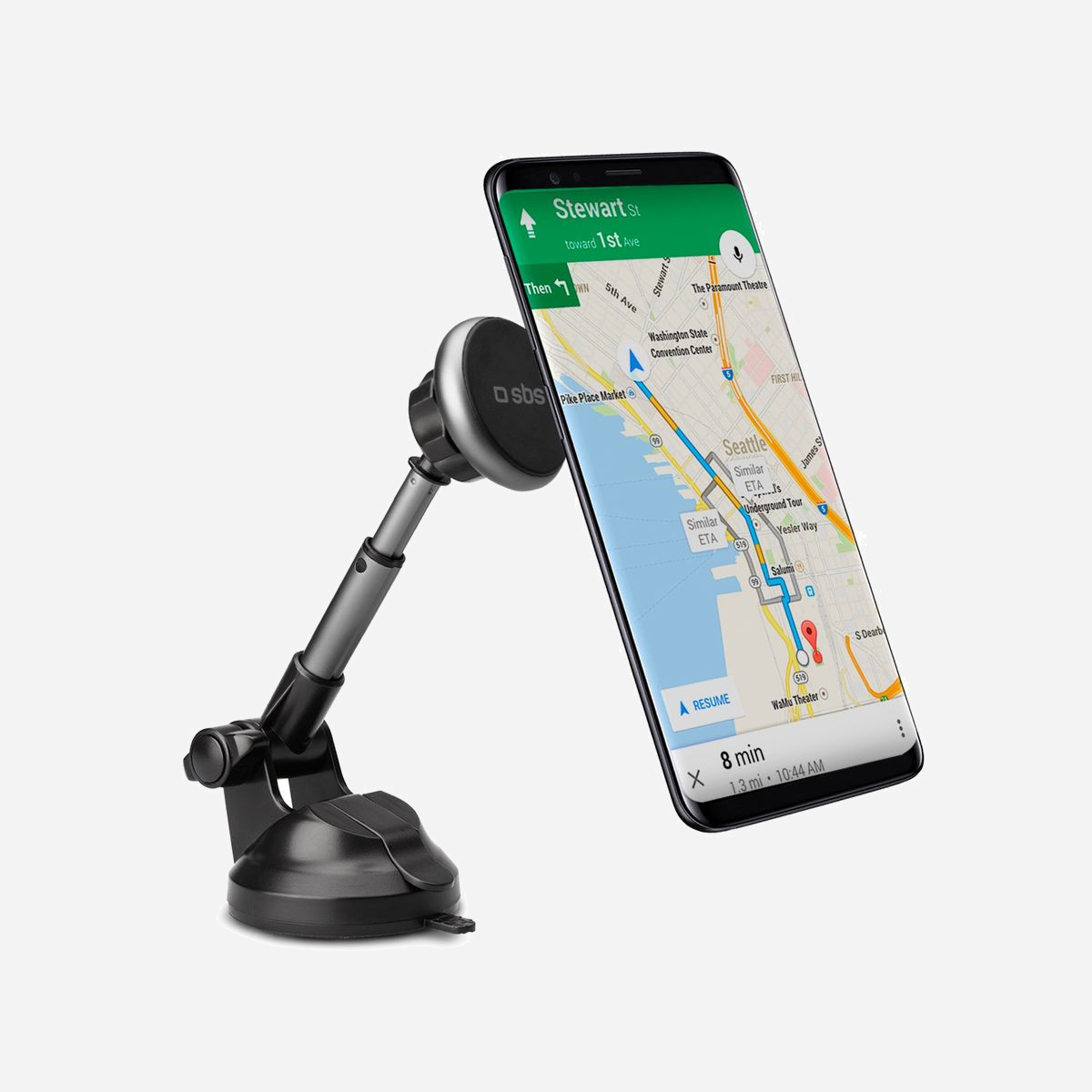 Support Voiture SBS TESUPMAGEXT pour Mobile/Smartphone, Ventouse, Rotation 360°, Bras 16cm, Métal, Noir/Argent - Dimensions Emballage: 90x70x190mm - SBS TESUPMAGEXT. Type d'appareil mobile: Mobile/smartphone, Type: Support passif, Usage adapté: Voiture, Couleur du produit: Noir, Argent