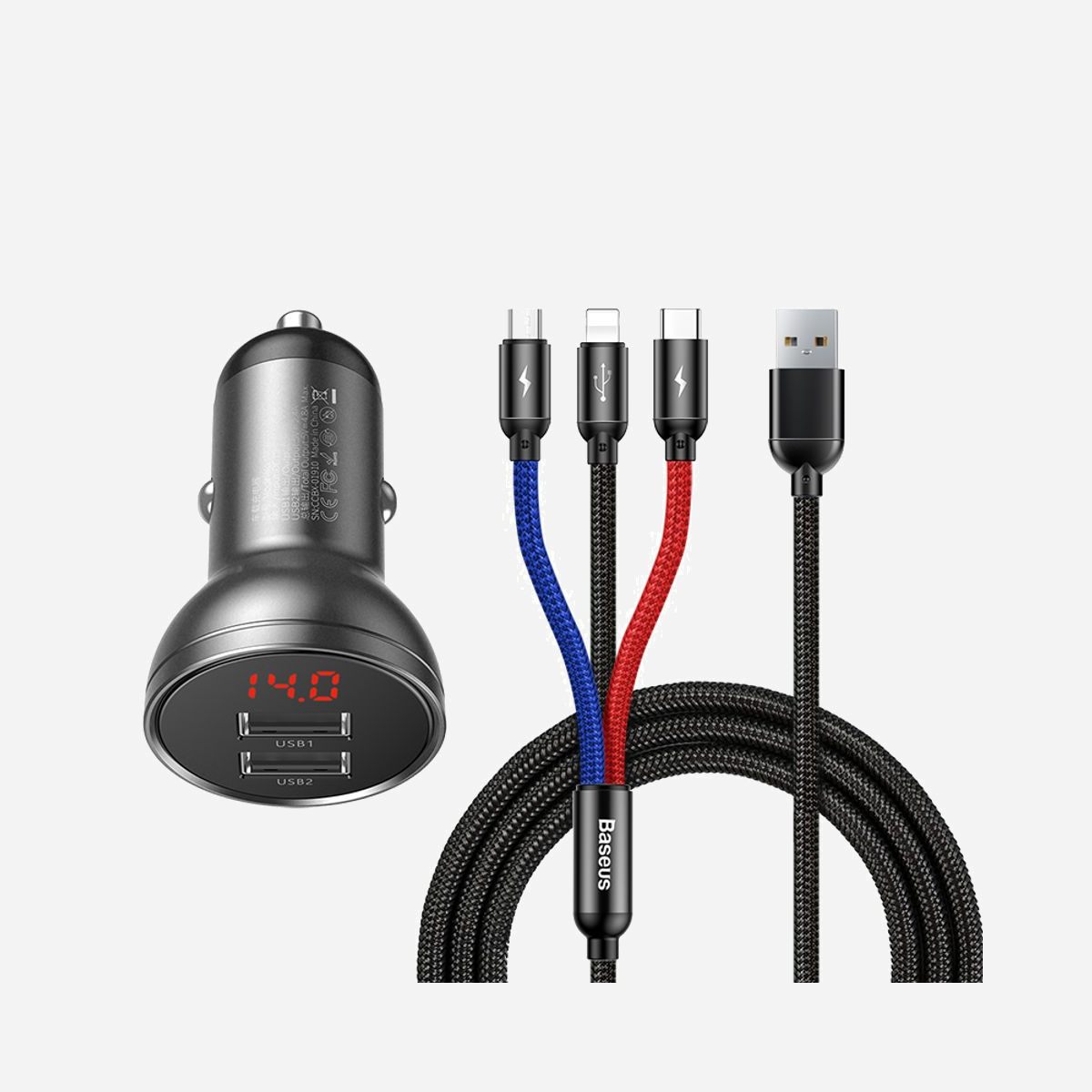 Baseus AB2XUSBAKBK Chargeur Auto Universel 24W Double USB 2.0 4.8A Noir/Gris avec Câbles USB Type-A vers USB Type-C, USB-C vers Lightning et Micro-USB Type-B - Baseus AB2XUSBAKBK. Type de chargeur: Auto, Type de source d'alimentation: Allume-cigare, Compatibilité de chargeur: Universel. Courant de sortie de l'adaptateur secteur: 4,8 A. Quantité de Ports USB 2.0: 2. Couleur du produit: Noir, Gris