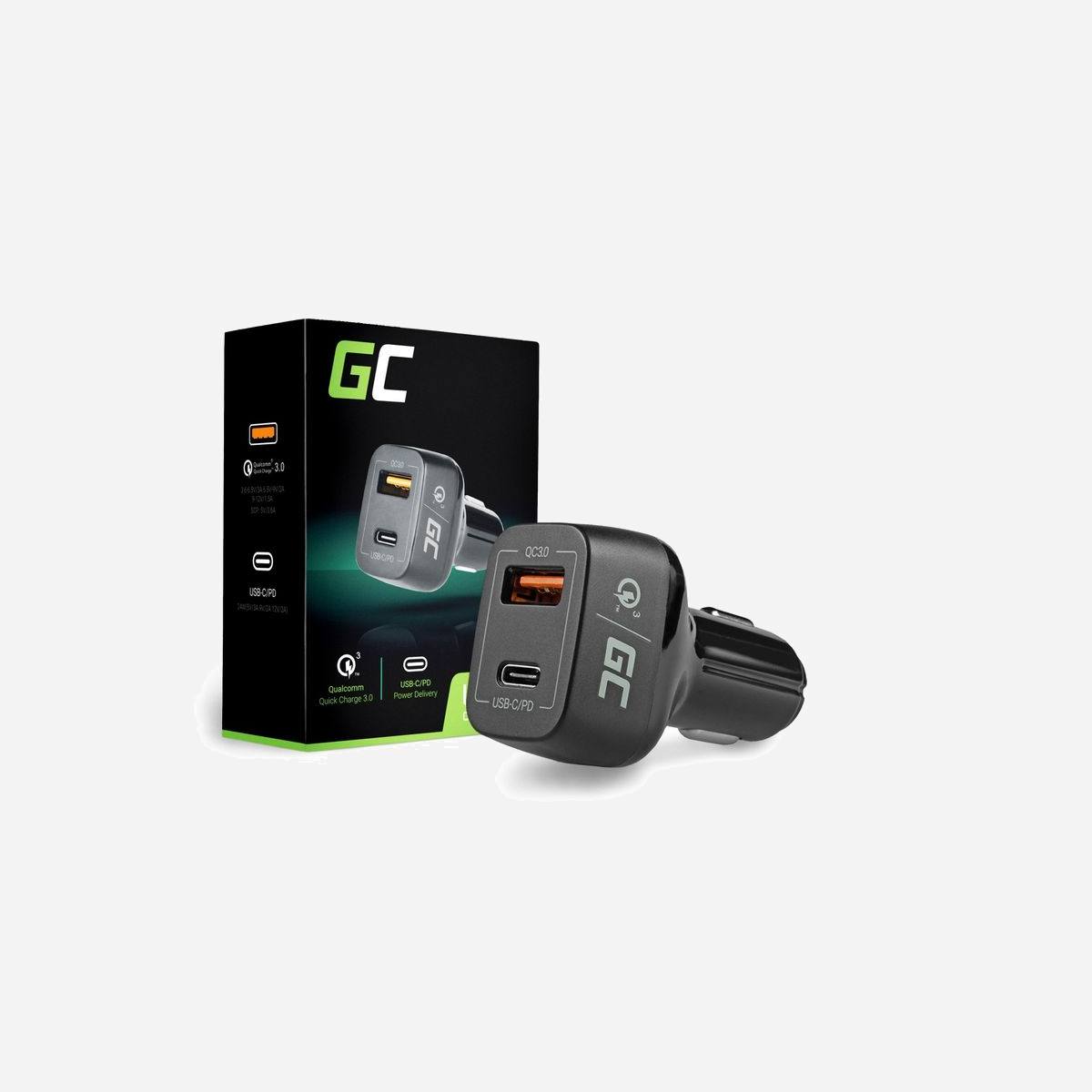 Green Cell CAD33 Chargeur Allume-cigare Universel Noir 42W, USB-A 3.2 Gen 1 + USB-C, Quick Charge 3.0, 12/24V, Protections Court-circuit. - Green Cell CAD33. Type de chargeur: Intérieure, Type de source d'alimentation: Allume-cigare, Compatibilité de chargeur: Universel. Tension d'entrée: 12/24 V, Tension de sortie (max): 12 V. Quantité de ports USB de type C: 1, Charge rapide, Dispositifs de protection électrique: Court-circuit. Couleur du produit: Noir