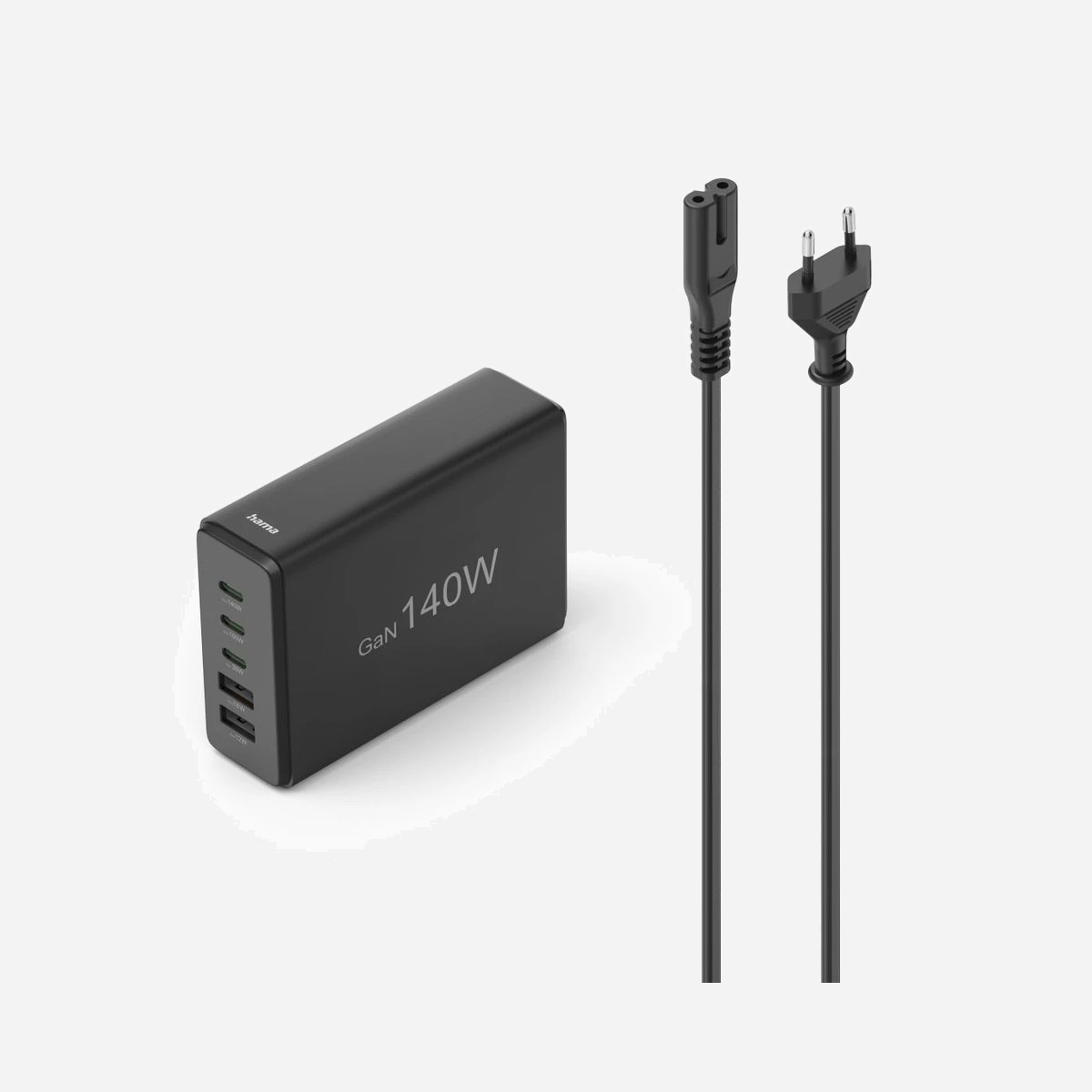 Chargeur secteur Hama 00201978 140W GaN, 5 ports USB (3 Type-C Power Delivery, 2 Quick Charge 3.0), Noir, protections surcharge/court-circuit, câble 1.5m - Sur la station de charge 5 en 1, vous chargez jusqu’à cinq appareils USB simultanément, sur les prises compatibles avec les technologies de charge Power Delivery et Qualcomm® Quick Charge™ 3.0, un smartphone, une tablette et un Power Pack se rechargent ainsi à vitesse maximale via la prise de courant<br><br><b>Chargeur rapide puissant</b><br>Parfait pour les tablettes et les smartphones avec sa puissance de charge élevée : chargement des appareils à haute vitesse, en 30 minutes à 60 %, idéal pour les appareils de nouvelle génération, car ceux-ci n’ont souvent plus de chargeur inclus à l’achat<br><br><b>Composants en nitrure de gallium (GaN)</b><br>Chargeur GaN performant: efficacité optimale avec un dégagement de chaleur réduit et ceci dans un design compact et léger grâce aux composants en nitrure de gallium<br><br><b>Prend en charge Power-Delivery et Qualcomm® Quick Charge™ 2.0/3.0</b><br>Prend en charge la technologie Power-Delivery et Qualcomm® Quick Charge™ 2.0/3.0 ce qui garantit un chargement extrêmement rapide, plus rapide que les technologies de chargement traditionnelles<br><br><b>Chargement simultané de plusieurs appareils</b><br>De l’énergie pour cinq : chargeur USB multiport avec cinq ports pour charger cinq appareils en même temps, par exemple un smartphone sur le port Qualcomm, une tablette, un Power Pack et deux autres téléphones portables<br><br><b>Convient pour de nombreux appareils</b><br>Compatibilité maximale : Power Delivery et Qualcomm® Quick Charge™ 3.0 peuvent être utilisés de façon universelle, convient donc pour les ordinateurs portables, les smartphones, tablettes et Powerpacks<br><br><b>Chargement sécurisé</b><br>Chipset intelligent pour un chargement sûr : protection thermique, contre les surintensités et les courts-circuits, CI avec protection thermique<br><br><b>Charge ménageant la batterie</b><br>Recharge optimisée ménageant la batterie et prolongeant ainsi la durée de vie<br><br><b>Détection automatique d‘appareils</b><br>Les appareils raccordés sont automatiquement détectés et chargés de façon optimale