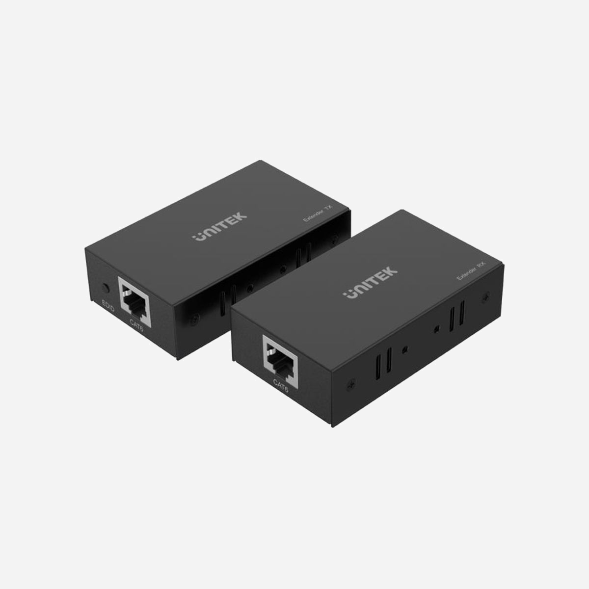UNITEK V100A : Émetteur réseau HDMI Cat6, portée 60m, RJ-45, 5V 1A, dimensions 81x43x22mm, indicateur d'état, adaptateur secteur inclus, kit de 2 pièces. - UNITEK V100A. Type: Émetteur réseau, Distance de transfert maximale: 60 m, Types de câbles soutenus: Cat6, HDMI. Interface de l'hôte: RJ-45. Couleur du produit: Noir, Voyants: Statut, Quantité: 2 pièce(s). Tension de sortie: 5 V, Courant de sortie: 1 A. Largeur: 81 mm, Profondeur: 43 mm, Hauteur: 22 mm