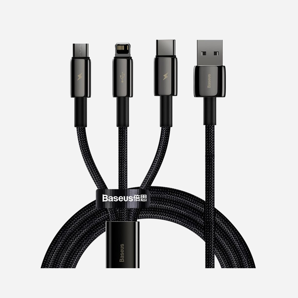 Baseus Câble USB 2.0 3-en-1 Tungsten Gold 1.5m USB-A vers USB-C / Micro USB / Lightning, 480 Mbit/s, Noir, 3.5A, Ref CAMLTWJ-01 - Baseus Tungsten Gold 3-in-1. Longueur de câble: 1,5 m. Connecteur 1: USB A, Connecteur 2: USB C/Micro USB A/Lightning, Version USB: USB 2.0, Taux de transfert de données maximal: 0,48 Gbit/s, Couleur du produit: Noir