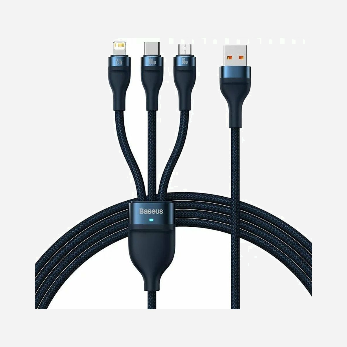 Baseus CASS030003 Câble USB 1.2m Bleu - USB A Mâle vers USB C/Micro USB-A/Lightning Mâle, Power Delivery jusqu'à 100W - Baseus CASS030003. Longueur de câble: 1,2 m. Connecteur 1: USB A, Connecteur 2: USB C/Micro USB-A/Lightning, Couleur du produit: Bleu
