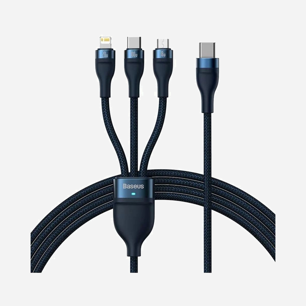 Baseus Câble USB-C vers USB-C/Micro-USB B/Lightning 1.5m Bleu - USB Power Delivery 100W - Connecteurs Aluminium, Câble Nylon, Charge Rapide - Baseus Flash. Longueur de câble: 1,5 m. Connecteur 1: USB C, Connecteur 2: USB C/Micro-USB B/Lightning, Couleur du produit: Bleu