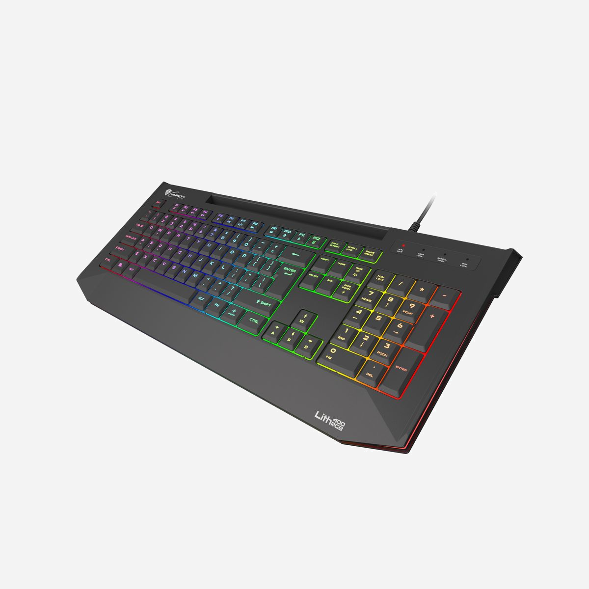 Clavier Gaming GENESIS Lith 400 RGB USB QWERTY US International Noir - Membrane, Silent X Scissor, Rétroéclairage LED RGB, Anti-Ghosting, 1000Hz, USB Hub - GENESIS Lith 400 RGB. Facteur de forme du clavier: Taille réelle (100 %). Style de clavier: Droit. Technologie de connectivité: Avec fil, Interface de l'appareil: USB, Interrupteur à clé de clavier: Clavier à membrane, Disposition des touches du clavier: QWERTY, Nombre de touches du clavier: 104. Type de rétro: LED RGB, Repose-poignets. Longueur de câble: 1,8 m. Concentrateur USB, Utilisation recommandée: Gaming. Couleur du produit: Noir