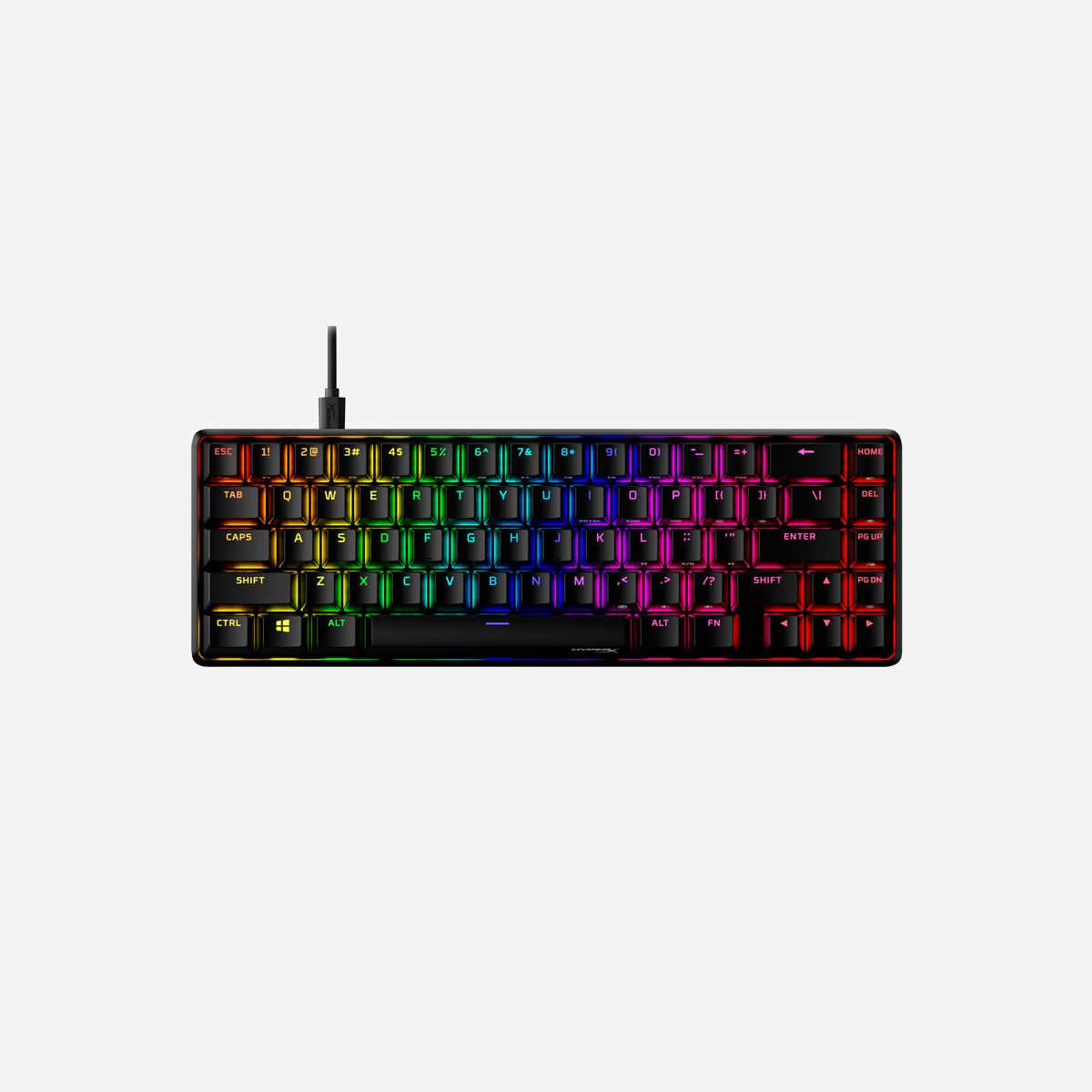 HyperX Alloy Origins 65 Clavier Mécanique Gaming HX Red, Agencement US, PBT Double Frappe, Rétroéclairage RGB, USB Type-C, Facteur de Forme 65% - <b>Incroyablement compact</b><br>L’HyperX Alloy Origins 65 est un clavier équilibré qui allie compacité et fonctionnalité, mais sans compromis. Un facteur de forme de 65 % le rend plus compact qu’un clavier sans pavé numérique, tout en offrant des touches fléchées. Avec un corps entièrement en aluminium durable et des interrupteurs HyperX équilibrés conçus pour résister à 80 millions de frappes sur les touches, il est aussi fiable que compact. Les fonctions secondaires sont imprimées sur les capuchons des touches PBT à double frappe. Tu peux donc trouver rapidement toutes les fonctionnalités supplémentaires dont tu as besoin. Exprime ton style grâce à la conception des interrupteurs HyperX avec des LED exposées et leurs effets lumineux étonnants. Personnalise davantage ton clavier avec des macros, des profils d’éclairage personnalisés, et bien plus encore grâce au logiciel HyperX NGENUITY.
