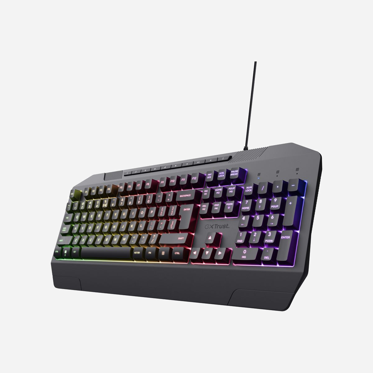 Clavier Gaming Trust GXT 836 Evocx USB QWERTY US, Membrane, 114 Touches, Rétroéclairage LED RGB, Anti-ghosting, ABS recyclé, Compatible Windows/macOS/ChromeOS - <b>Les touches de la victoire</b><br>Que vos doigts soient légers comme une plume ou que votre frappe soit puissante, l’Evocx vous garantit de toujours faire mouche. Avec 25 touches anti-ghosting, il enregistre jusqu’à 25 frappes simultanément, ce qui fait beaucoup de touches !<br><br><b>Evocx Éco</b><br>Fabriqué à partir de 78 % de plastiques recyclés, l’Evocx vient compléter notre gamme de produits de gaming plus respectueux de l’environnement, pour jouer dans votre intérêt et celui de notre planète.<br><br><b>Éclairez la nuit (et le jour)</b><br>Votre setup de gaming mérite d’être aussi cool que vous : ce clavier arbore un éclairage LED RVB arc-en-ciel incroyable. Avec des modes tels que spectre, vagues, cycle de respiration et 6 zones de couleur personnalisables, vous trouverez aisément le style qui vous convient le mieux !<br><br><b>Touches silencieuses</b><br>Les claviers bruyants sont loin d’être agréables. Les touches douces de l’Evocx produisent un son amorti et atténué pour vous offrir une séance de gaming sans distraction ni bruit.<br><br><b>Maîtrisez votre média </b><br>Lecture, pause, réglage du volume et plus de 12 touches médias dédiées vous permettent de contrôler aisément vos opérations d’une simple pression sur un bouton.