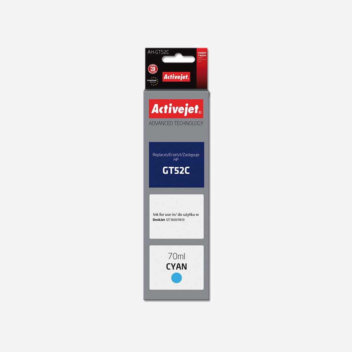 Activejet AH-GT52C : Encre Cyan 70ml à colorant, Compatible HP GT-52C (M0H54AE), Haut Rendement (XL), pour Imprimante Jet d'Encre DeskJet. - Activejet Encre AH-GT52C (remplacement HP GT52C M0H54AE ; Suprême ; 70 ml ; bleu). Type d’encre de couleur: Encre à colorant, Type de cartouche d'encre: Rendement élevé (XL), Type d'alimentation: Paquet unique, Volume d'encre de couleur: 70 ml, Couleurs d'impression: Cyan, Quantité: 1 pièce(s)