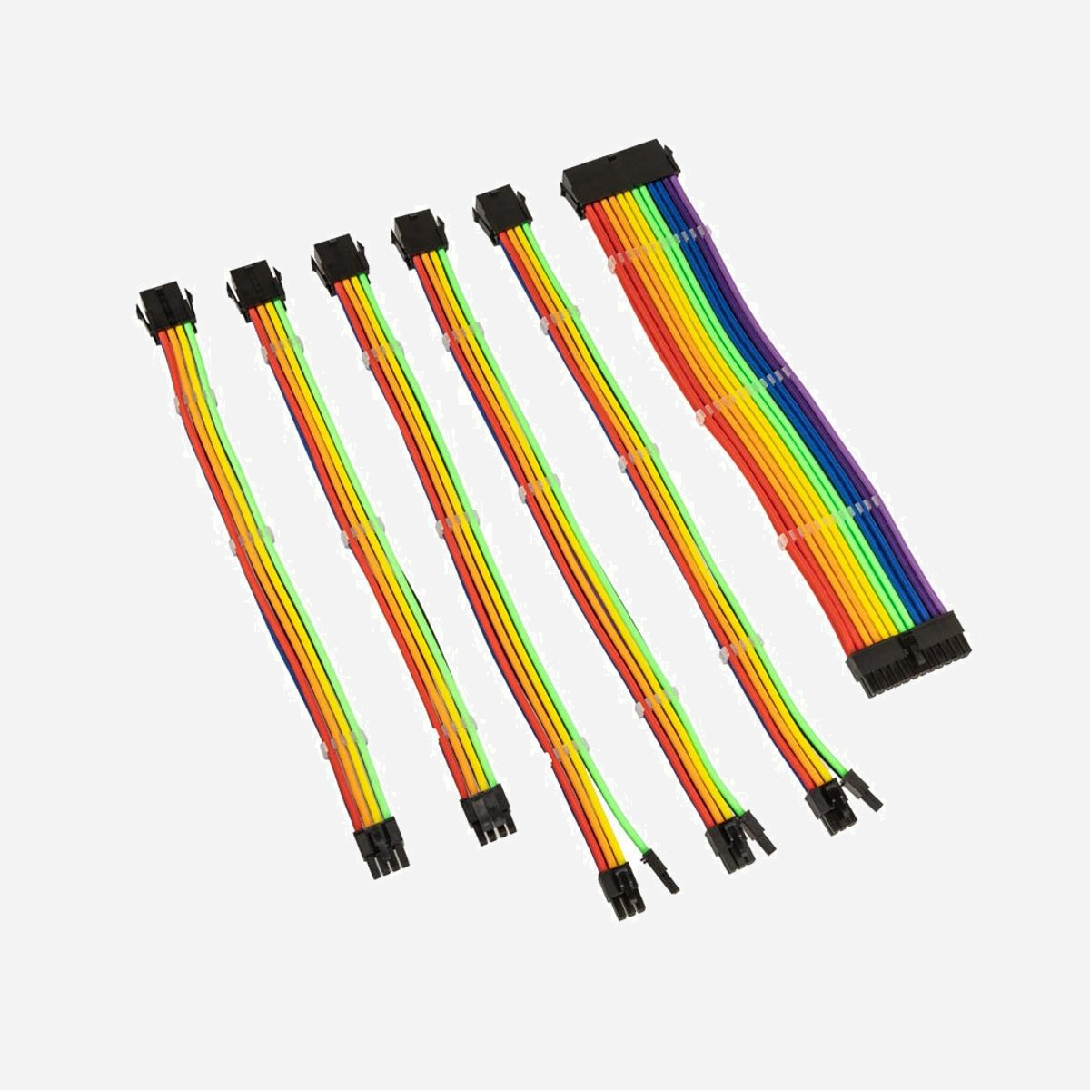 Kolink COREADEPT-EK-RBW : Kit de 6 câbles d'extension internes, 35cm, connecteurs mâle/femelle, AWG16, gaine PET, cuivre, 1x 20+4pin, 1x 8pin, 1x 4+4pin, 3x 6+2pin - Kolink COREADEPT-EK-RBW. Longueur de câble: 0,35 m, Genre de connecteur 1: Mâle, Genre de connecteur 2: Femelle. Quantité: 6 pièce(s), Contenu de l'emballage: 1 x 20+4pin cable (300mm) 1 x 8pin cable (300mm) 1 x 4+4pin cable (300mm) 3 x 6+2pin cables (350mm). Matériau du manteau: Polyéthylène téréphthalate (PET), Matériau conducteur: Cuivre