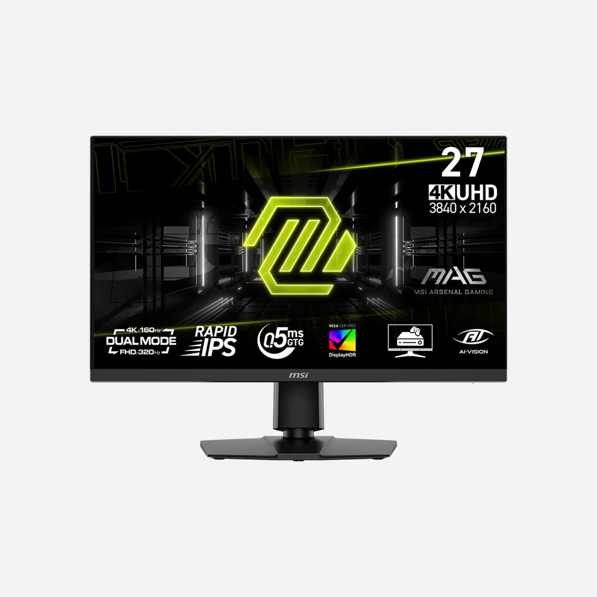 MSI MAG-272URDF-E16 Écran 27" 4K UHD (3840x2160) Rapid IPS, 0.5ms GTG, 160Hz, DisplayHDR 400, DCI-P3 93%, HDMI 2.1, DisplayPort 1.4a, Hub USB 2.0 - MSI MAG 272URDF E16. Taille de l'écran: 68,6 cm (27"), Résolution de l'écran: 3840 x 2160 pixels, Type HD: 4K Ultra HD, Temps de réponse: 0,5 ms, Format d'image: 16:9, Angle de vision horizontal: 178°, Angle de vision vertical: 178°. Concentrateur USB intégré, Version du concentrateur USB: 2.0. Montage VESA, Réglage de la hauteur. Couleur du produit: Noir