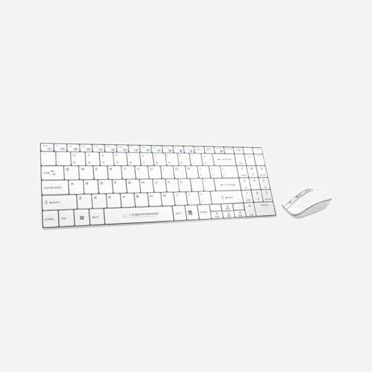 Esperanza EK122W Ensemble Clavier QWERTY et Souris sans Fil RF 2.4 GHz Blanc, Taille Réelle (100%), Pavé Numérique, Récepteur Nano Inclus - Esperanza EK122W. Facteur de forme du clavier: Taille réelle (100 %). Style de clavier: Droit. Technologie de connectivité: Sans fil, Interface de l'appareil: RF sans fil, Disposition des touches du clavier: QWERTY. Couleur du produit: Blanc. Souris incluse