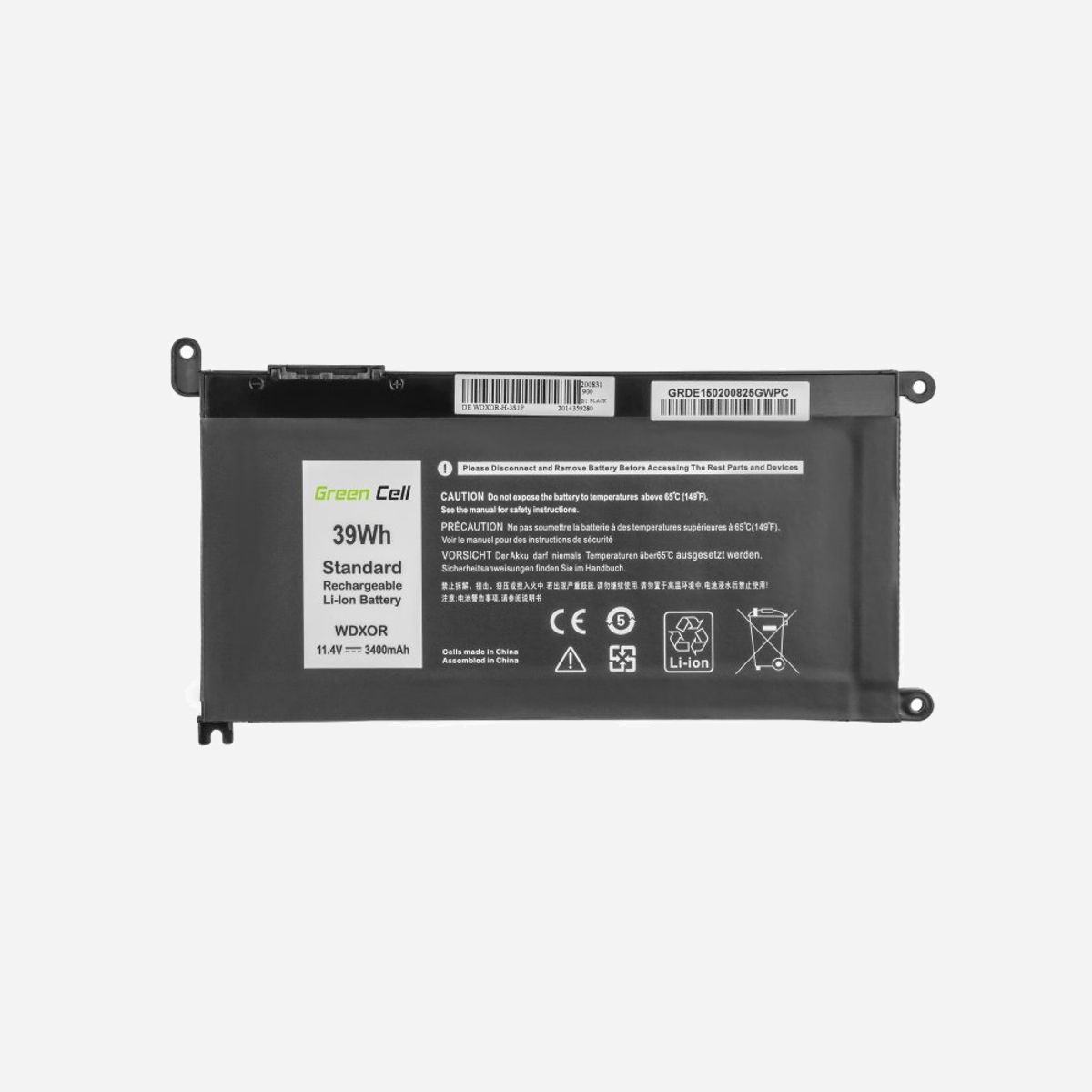 Batterie Green Cell DE150 Li-Po 3400mAh 11.4V pour DELL Inspiron 13 5368/5378/5379, 14 5482, 15 5565/5567/5568/5570/5578/5579, 7560/7570 - Green Cell DE150. Type: Batterie, Compatibilité de marque: DELL, Compatibilité: Inspiron 13 5368, 5378, 5379, 14 5482, 15 5565, 5567, 5568, 5570, 5578, 5579, 7560, 7570