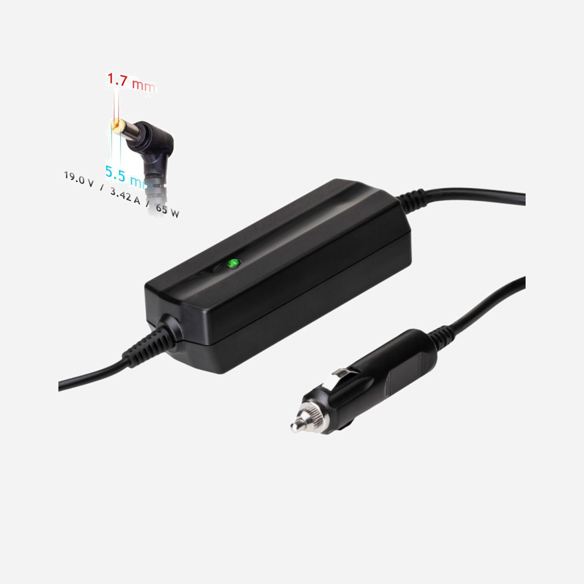 Akyga AK-ND-34 Alimentation Auto pour PC Portable Acer 19V 3.42A 65W Connecteur 5.5x1.7mm, ABS Noir, Input 12V, Certifié CE/FCC/RoHS - Akyga Car notebook power supply Dedicated AK-ND-34 19V/3.42A 65W 5.5x1.7 mm ACER. Utilité: Ordinateur portable, Type d'alimentation d'énergie: Auto, Tension d'entrée: 12 V. Couleur du produit: Noir, Matériau du boîtier/corps: Acrylonitrile-Butadiène-Styrène (ABS). Certificats de conformité: RoHS, Certification: CE, FCC, RoHS, REACH. Longueur de câble: 1,1 m, Largeur: 49 mm, Profondeur: 114 mm. Largeur du colis: 92 mm, Profondeur du colis: 190 mm, Hauteur du colis: 38 mm
