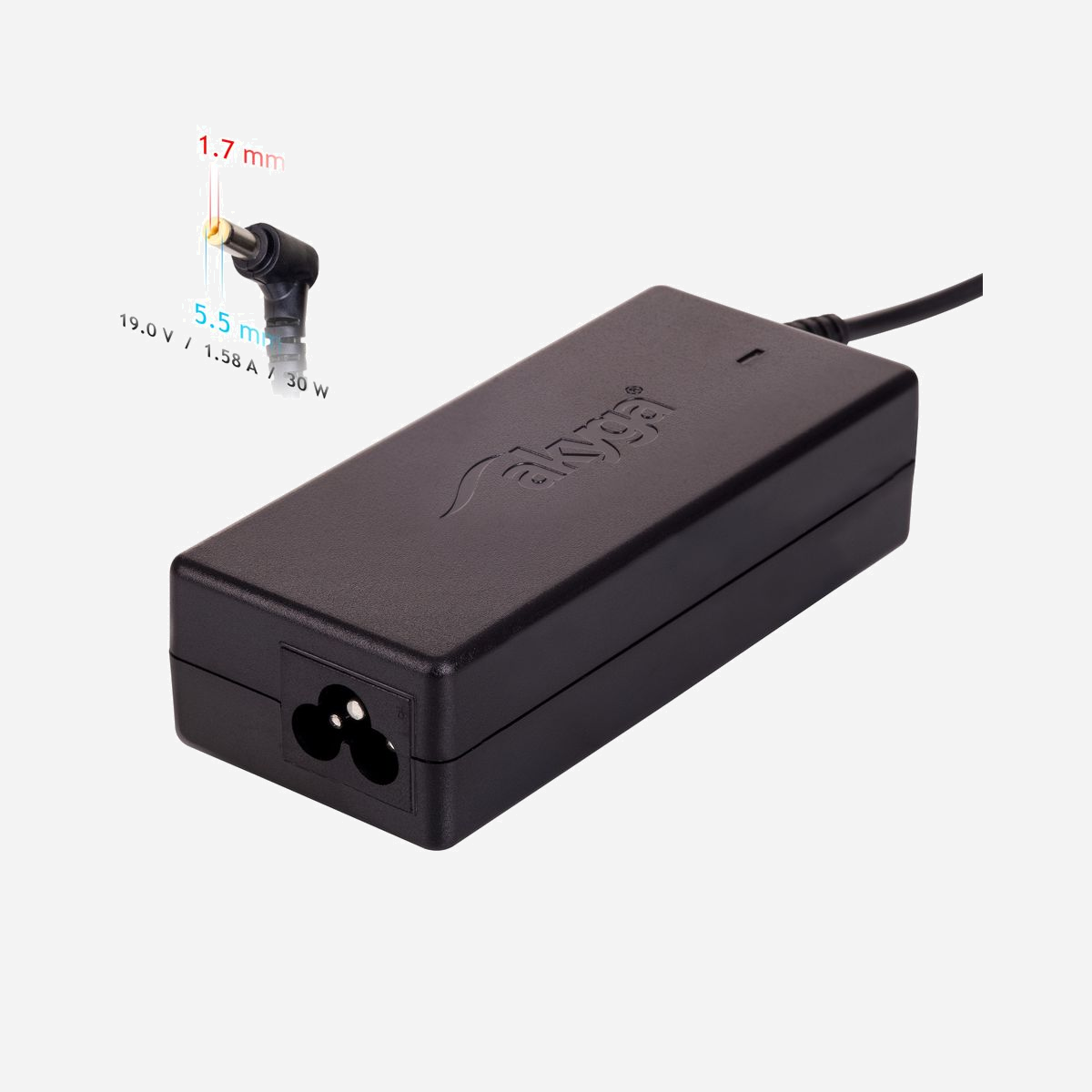 Akyga AK-ND-21 Adaptateur Secteur 30W pour Ordinateur Portable Acer/Dell/Packard Bell - Entrée 100-250V, Sortie 19V 1.58A, Câble 1.2m, ABS Noir - Akyga AK-ND-21. Utilité: Ordinateur portable, Type d'alimentation d'énergie: Intérieure, Tension d'entrée: 100 - 250 V. Couleur du produit: Noir, Matériau du boîtier/corps: Acrylonitrile-Butadiène-Styrène (ABS), Voyants: Énergie. Certificats de conformité: RoHS, Certification: CE, FCC, REACH. Longueur de câble: 1,2 m, Largeur: 36 mm, Profondeur: 89 mm. Largeur du colis: 90 mm, Profondeur du colis: 190 mm, Hauteur du colis: 38 mm