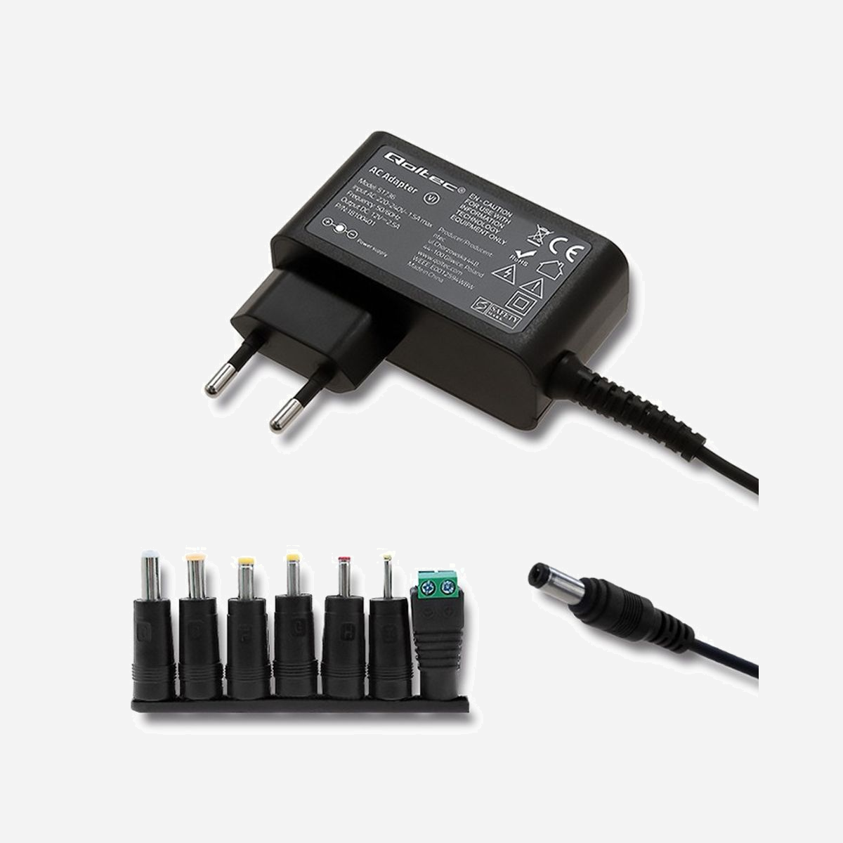 Qoltec 51736 Adaptateur Secteur Universel 30W, Entrée 220-240V, Sortie 12V 2.5A, Noir, Câble 1.78m, Alimentation CA vers CC Interne. - Qoltec 51736. Utilité: Universel, Type d'alimentation d'énergie: Intérieure, Tension d'entrée: 220 - 240 V. Couleur du produit: Noir. Longueur de câble: 1,78 m