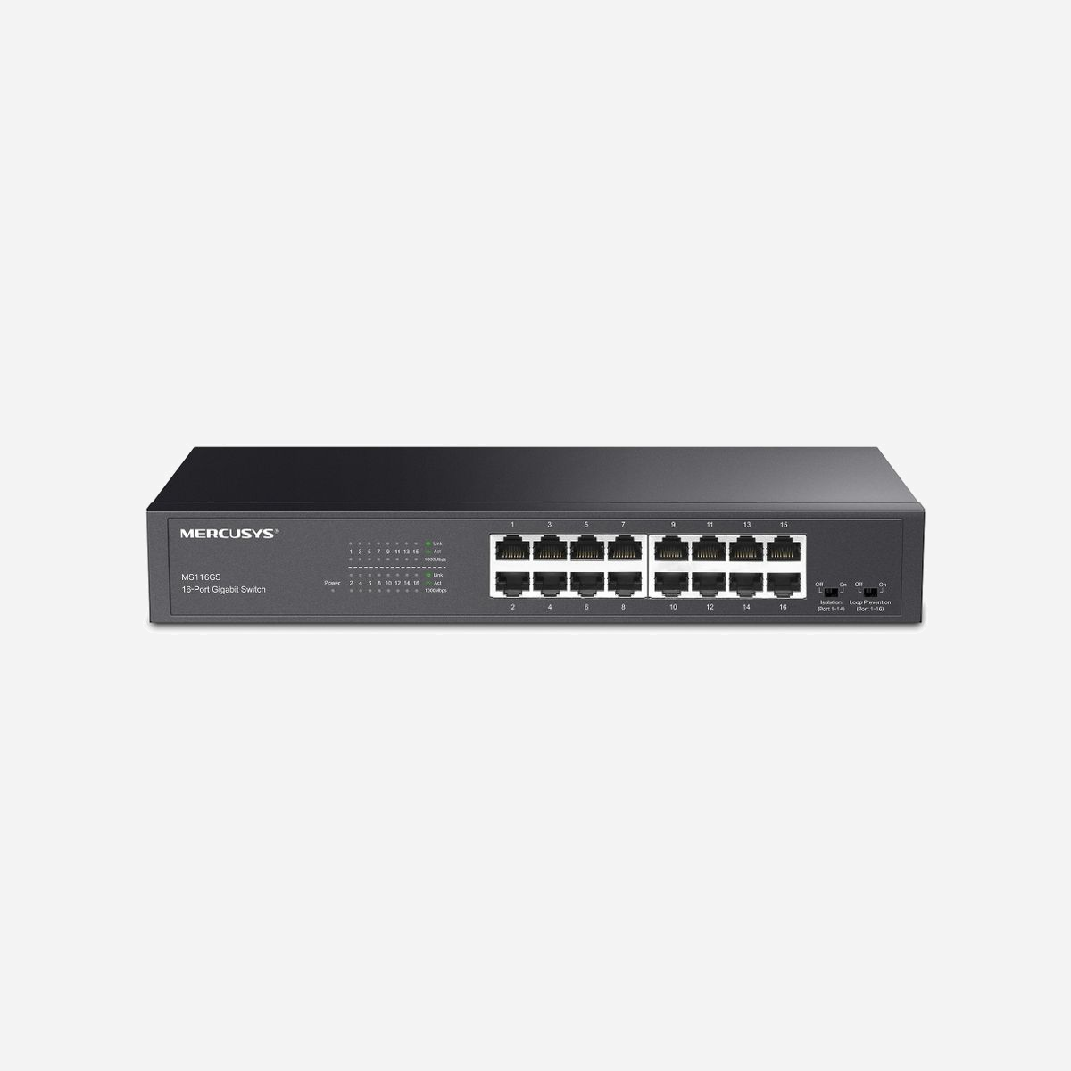 Commutateur Réseau Gigabit Ethernet Mercusys MS116GS - 16 Ports RJ-45 10/100/1000 Mbps - Capacité de Commutation 32 Gbit/s - Répertoire MAC 8000 Entrées - Montage en Rack - Mercusys MS116GS. Type de port Ethernet RJ-45 de commutation de base: Gigabit Ethernet (10/100/1000), Quantité de ports Ethernet RJ-45 de commutation de base: 16. Répertoire MAC: 8000 entrées, Capacité de commutation: 32 Gbit/s. Standards réseau: IEEE 802.1p, IEEE 802.3ab, IEEE 802.3i, IEEE 802.3u, IEEE 802.3x. Grille de montage
