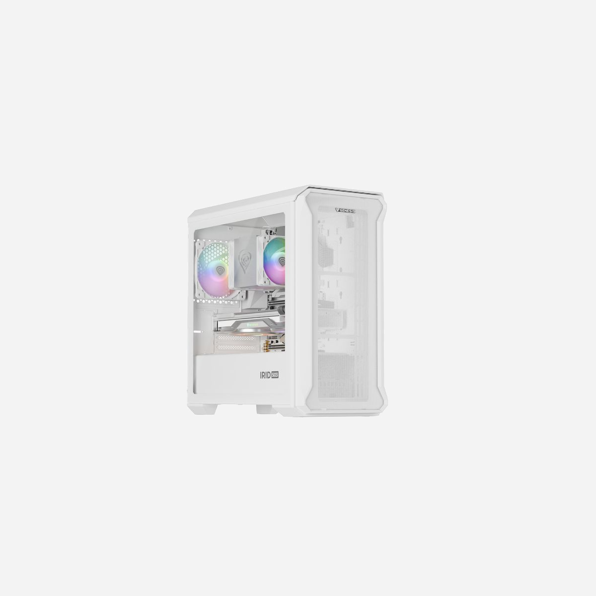 GENESIS Irid 503 Mini Tower PC Transparent/Blanc micro ATX/Mini-ITX, 2x3.5", 3x2.5", 1x120mm arrière, USB 3.2 Gen 1, compatible watercooling - GENESIS Irid 503. Format: Mini Tower, Type: PC, Couleur du produit: Transparent, Blanc. Emplacement d'alimentation: Bas. Prise en charge des diamètres des ventilateurs avants: 120,140 mm, Ventilateurs arrières installés: 1x 120 mm, Pris en charge des diamètres des ventilateurs arrières: 120 mm. Tailles de disques durs supportées: 2.5,3.5". Largeur: 210 mm, Profondeur: 430 mm, Hauteur: 430 mm