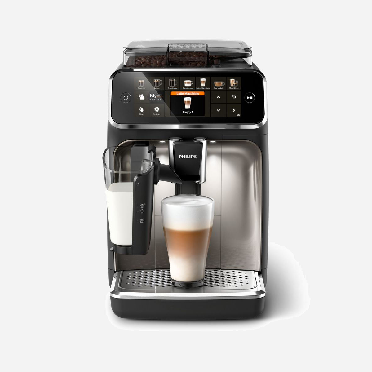 Philips Série 5400 EP5447/90 Machine Expresso Automatique 15 bar, 12 Boissons, LatteGo, Broyeur Céramique 12 Niveaux, Réservoir 1.8L, Écran TFT - <b>Machine à expresso broyeur et mousseur de lait.</b><br><br><br><b>La machine à expresso pour un café intense.</b><br>Découvrez la machine à expresso broyeur Philips LatteGo Série 5400 et ses 12 recettes de cafés riches en arômes, pour un moment de plaisir quotidien.
